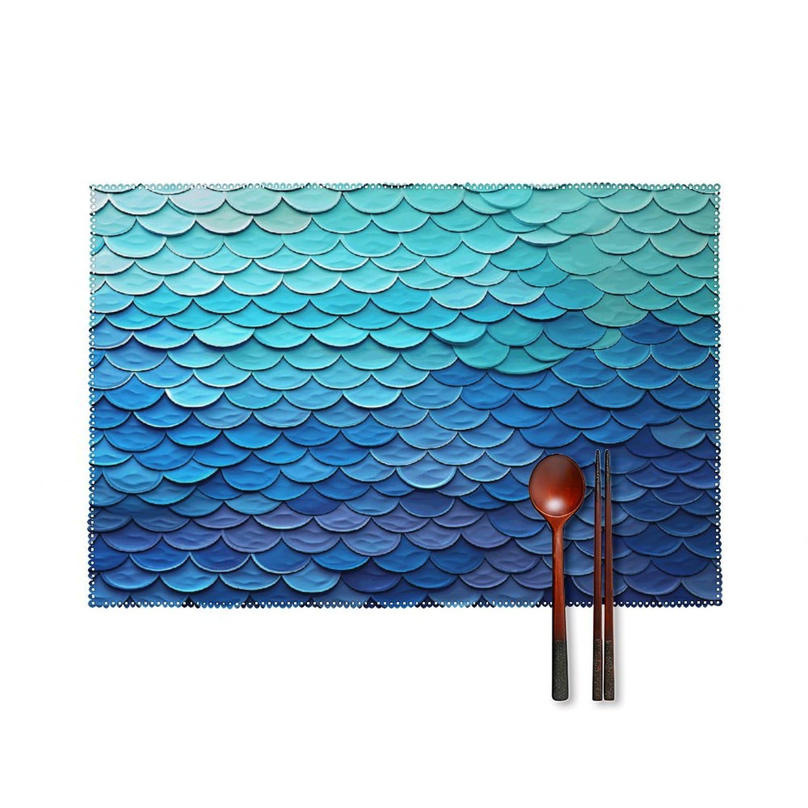 Ocean Sea Blue Mermaid Fish Scale Placemats Set of 4 Non-Slip Heat Resistant Table Mats Canvas Washable Cloth Place Mats Easy to Clean Premium Placemat for Kitchen Dining Table Decoration