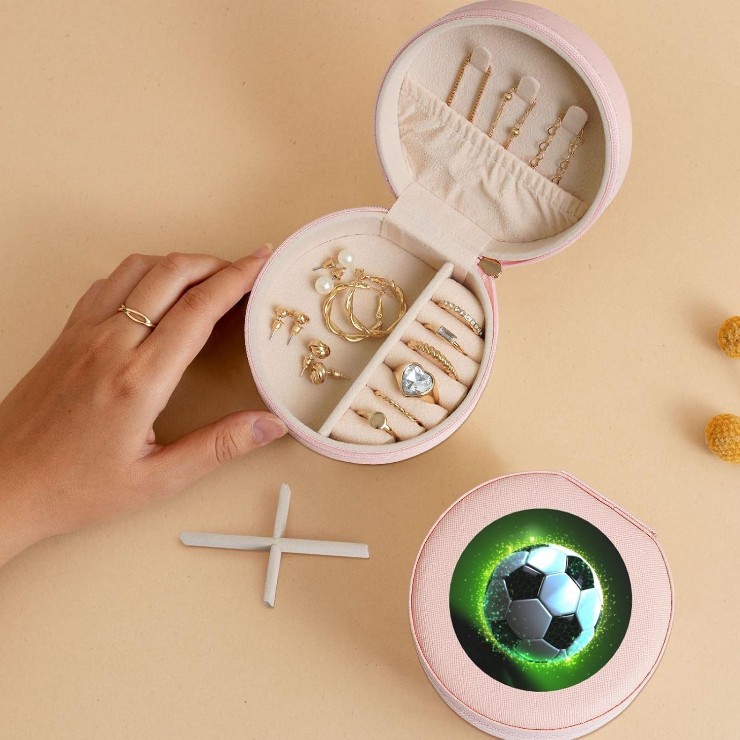 Travel Jewelry Box for Women Birthday Gifts, cool soccer ball Jewelry Case PU Leather Jewelry Organizer Small Round Display Storage Box for Rings Earrings Necklaces image 5