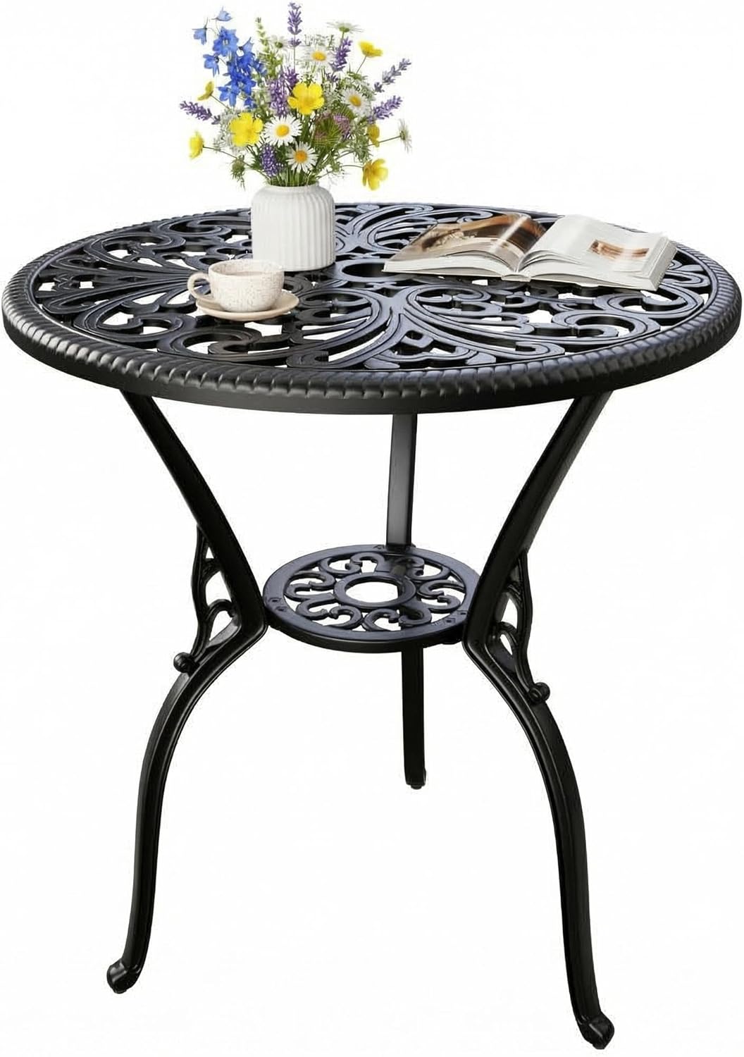 IDEALHOUSE Patio 23''Cast Aluminum Side Table with Umbrella Hole,Outdoor Small Coffee Tables,Anti-Rust Bistro Table,Round End Table,Outdoor Furniture for Indoor,Patio,Garden,Porch,Balcony(Retro Black)