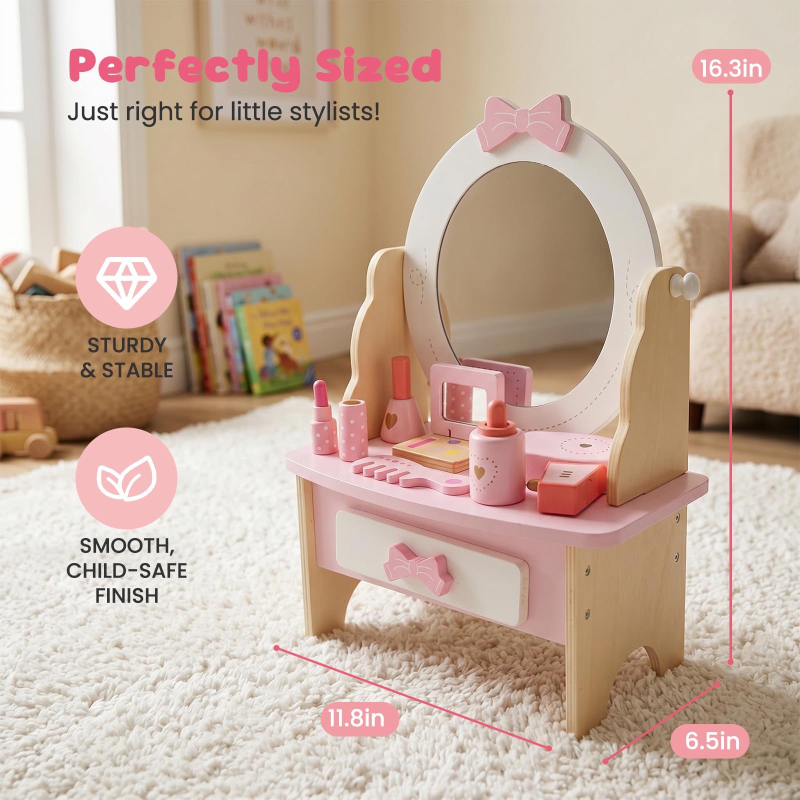 Set da toeletta in legno per bambini, giocattolo da tavolo con specchio girevole a 360°, set di accessori per il trucco, regalo per bambine dai 3 anni in su (bianco)