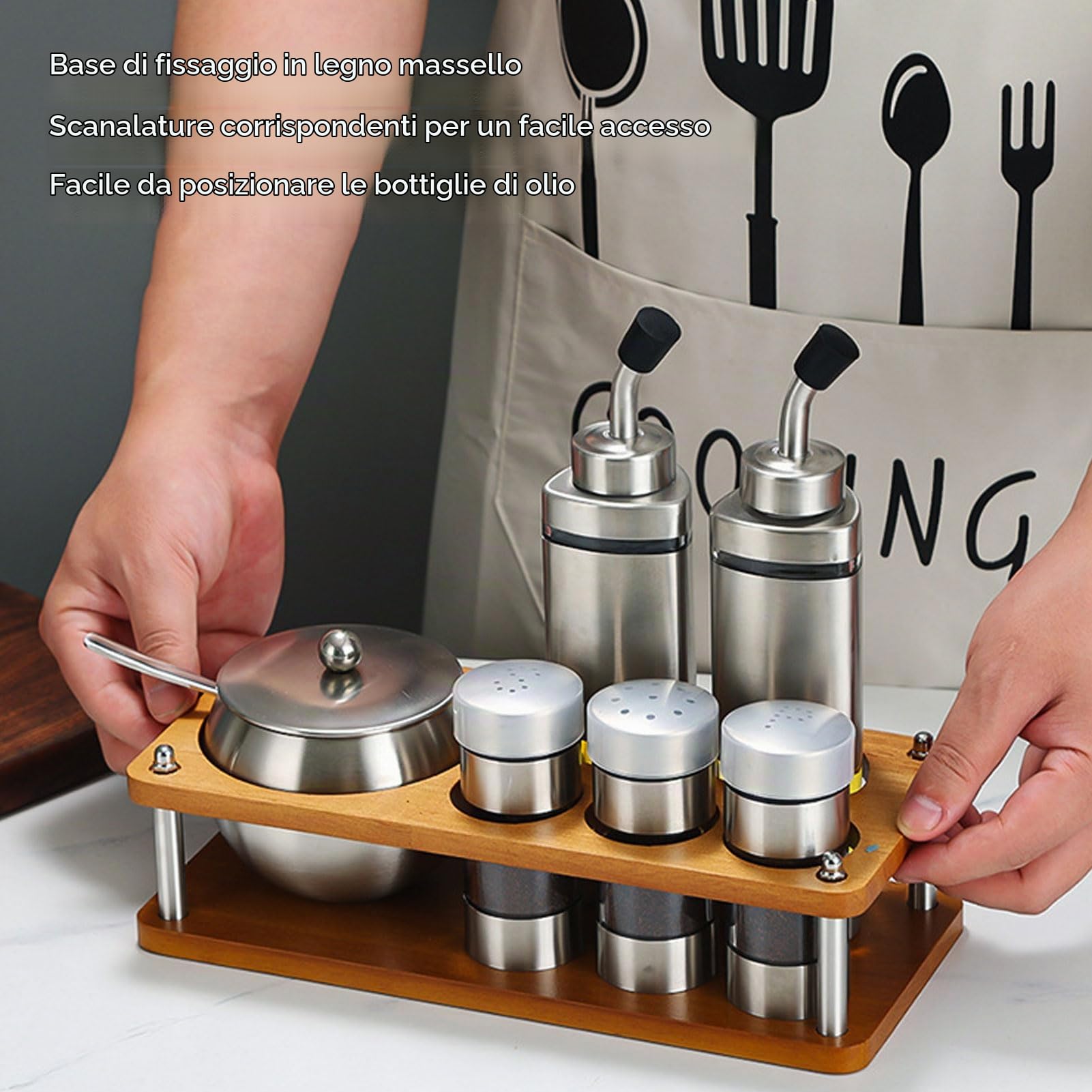 Set da con Portaspezie in Vetro e Acciaio Inox, Contenitori per Sale, Pepe, Olio e Aceto, per Casa e