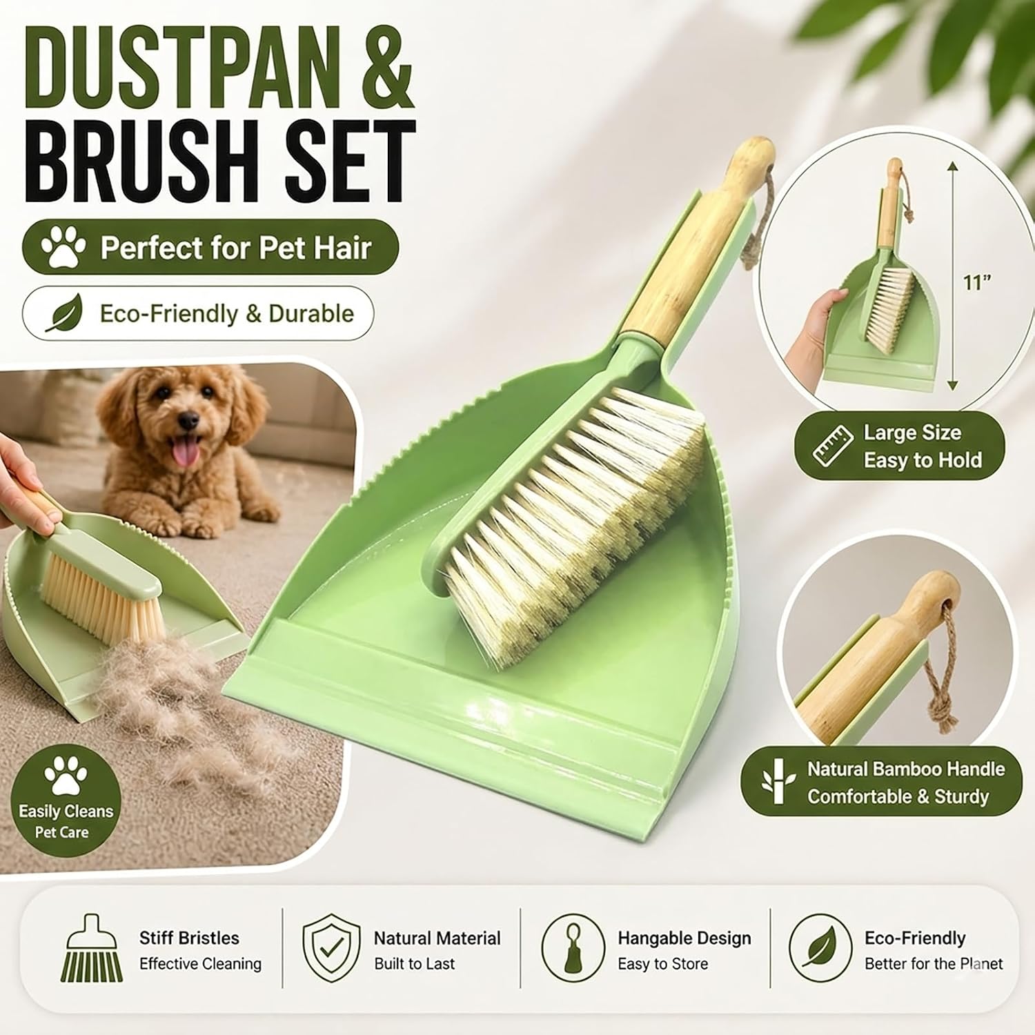 Dust Pan and Brush Set - Small Dustpan and Brush Set, Handheld Broom and Dustpan Set, Brush and Dust Pan Set for Car, Pet Care, Office, 14 x 8.7 inch, Green
