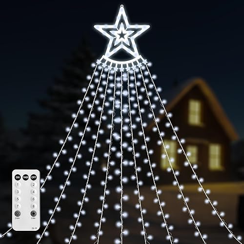 Miniatura 8 de 350 LED Guirnalda de luces de estrella para decoración de Navidad, impermeables, luces de cascada estrelladas con 8 modos de luz, control remoto y
