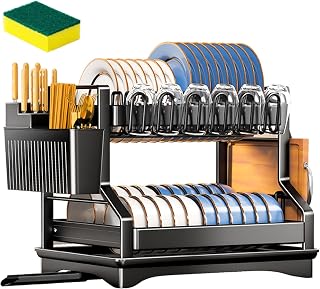Drain Rack Porcelain Drip Rack 2 Stage Stainless Steel Dish Rack with Utensil Holder for Kitchen Counter