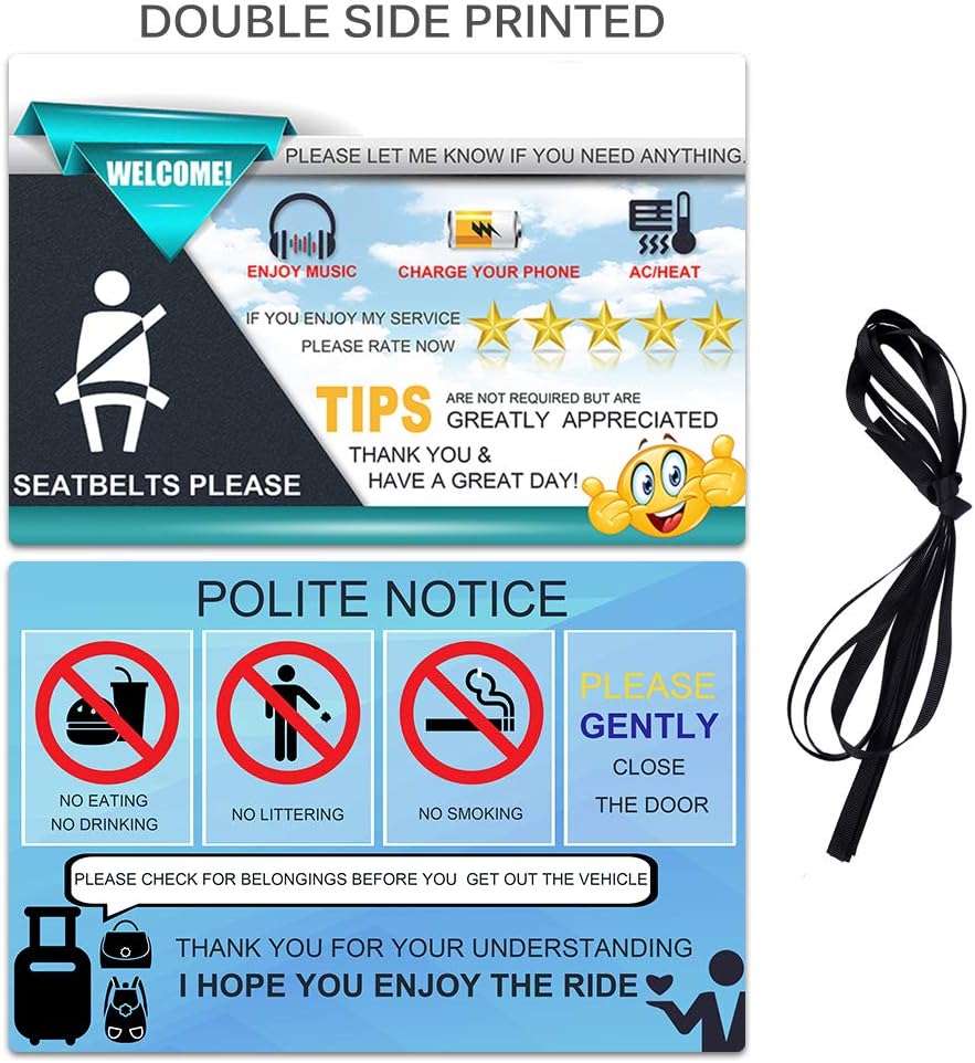 AutoEC Rideshare Sign Accessories, Five Star Rideshare Driver Rating Tip Signs, Large 9x6 Inch PVC Durable Display Share Driver Taxi Signs Card Hang Tag for Car Backseat Headrest (Pack of 3)