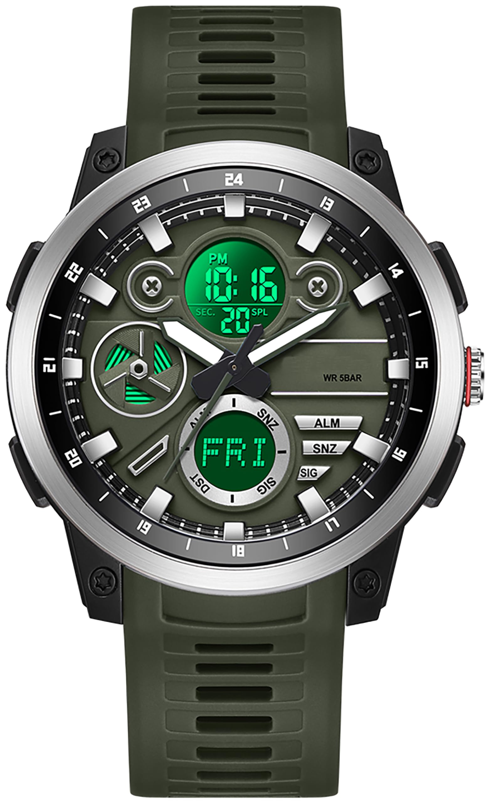 findtime Montre numérique étanche pour homme avec double fuseau horaire, alarme, chronomètre, analogique et numérique, pour garçons et adolescents