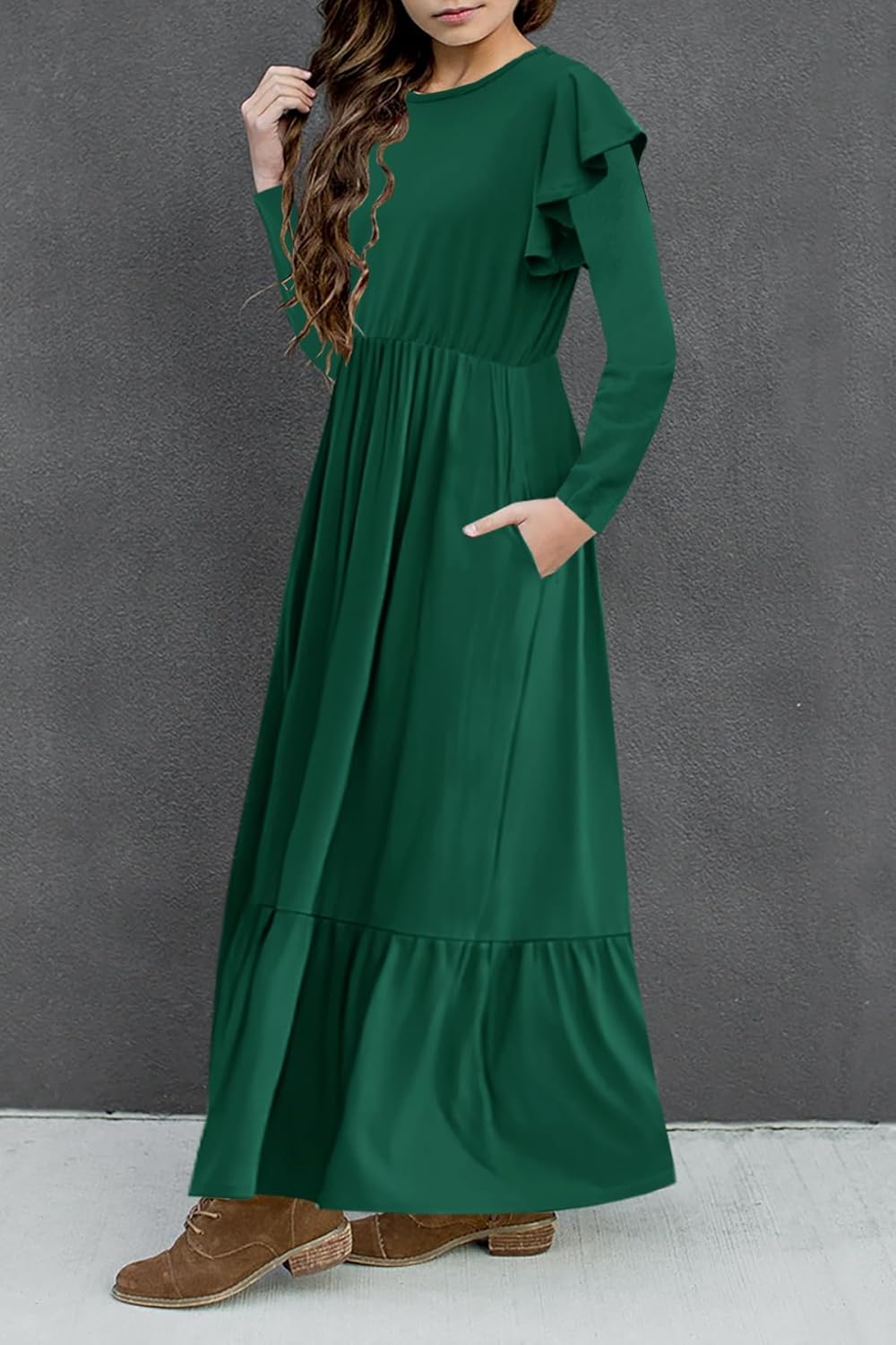 HOSIKA Girls Fall Ruffle Long Sleeve Crew Neck Loose Casual Flowy Tiered Maxi Dress with Pockets for 6-12 Y - Image 3