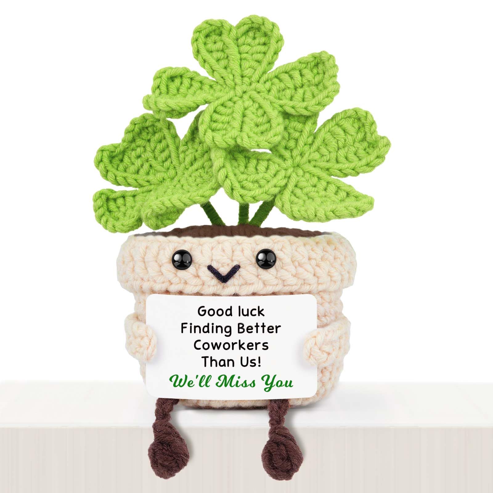 Giftasy Leaving Gifts for Colleagues - Handmade Crochet Clover with Funny Card - Farewell Gifts for Coworkers, Work Bestie - Cute Desk Decor Keepsake