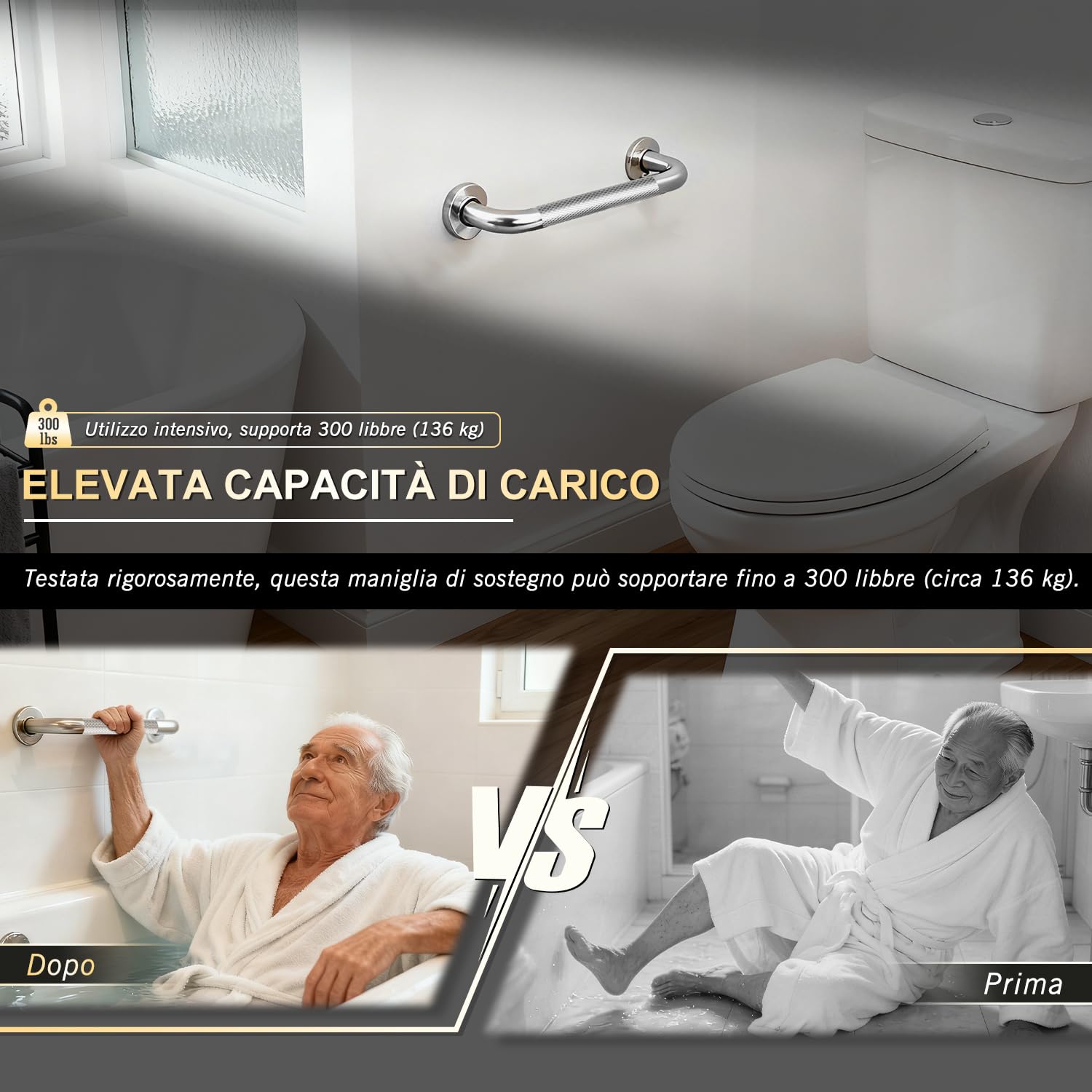 supregear Barra di Sostegno per Bagno, Antiscivolo in Acciaio Inox 304, Barra di Sicurezza e Supporto per Cucina, Camera da Letto, Vasca, Doccia, 30 cm