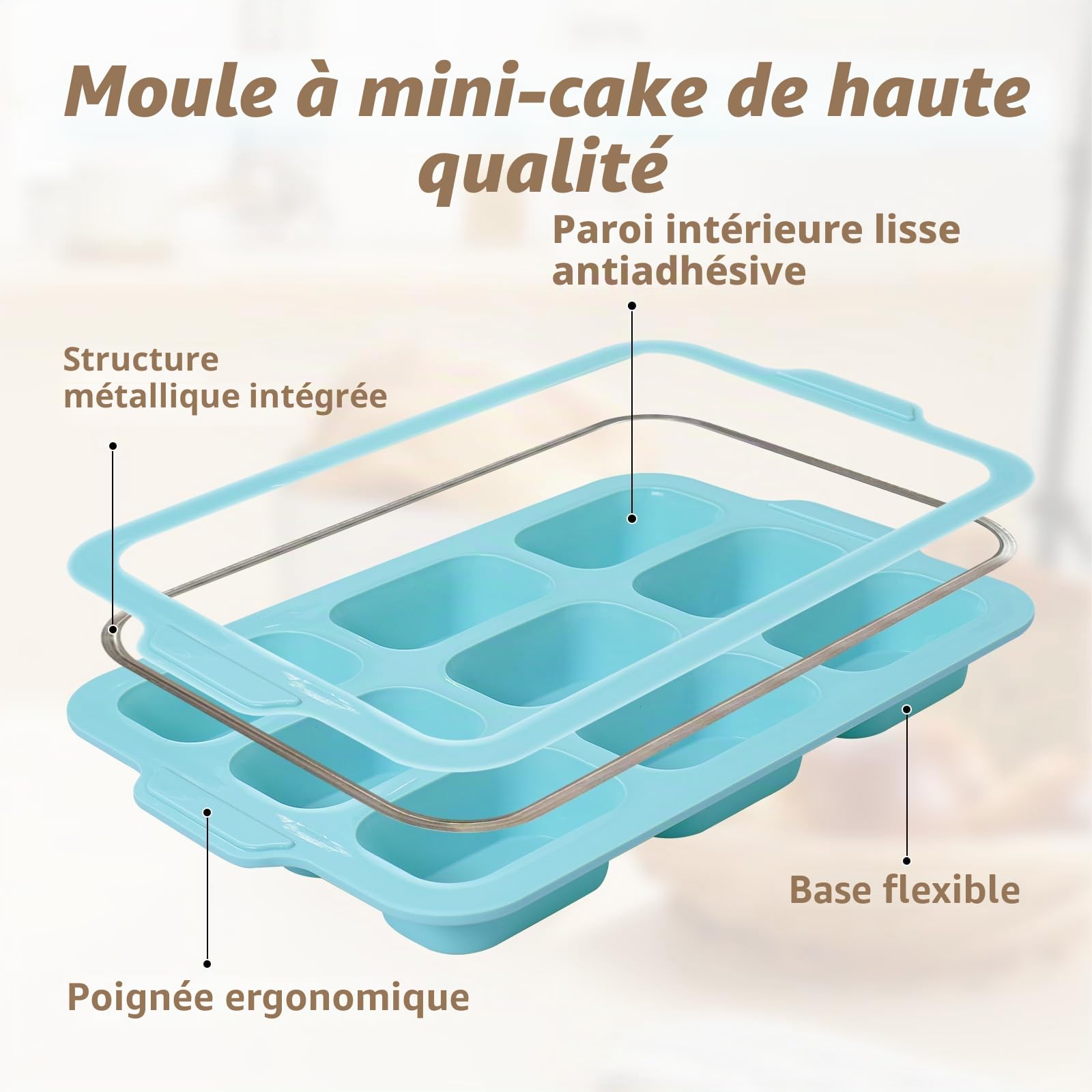 Moule Mini Cake Silicone: 2 Pièces Moule à Mini Cake avec Poignées - Antiadhésif Moules Gâteau Enfant pour Brownie/Pain/Pâtisserie Cuisson (Vert menthe & Beige)