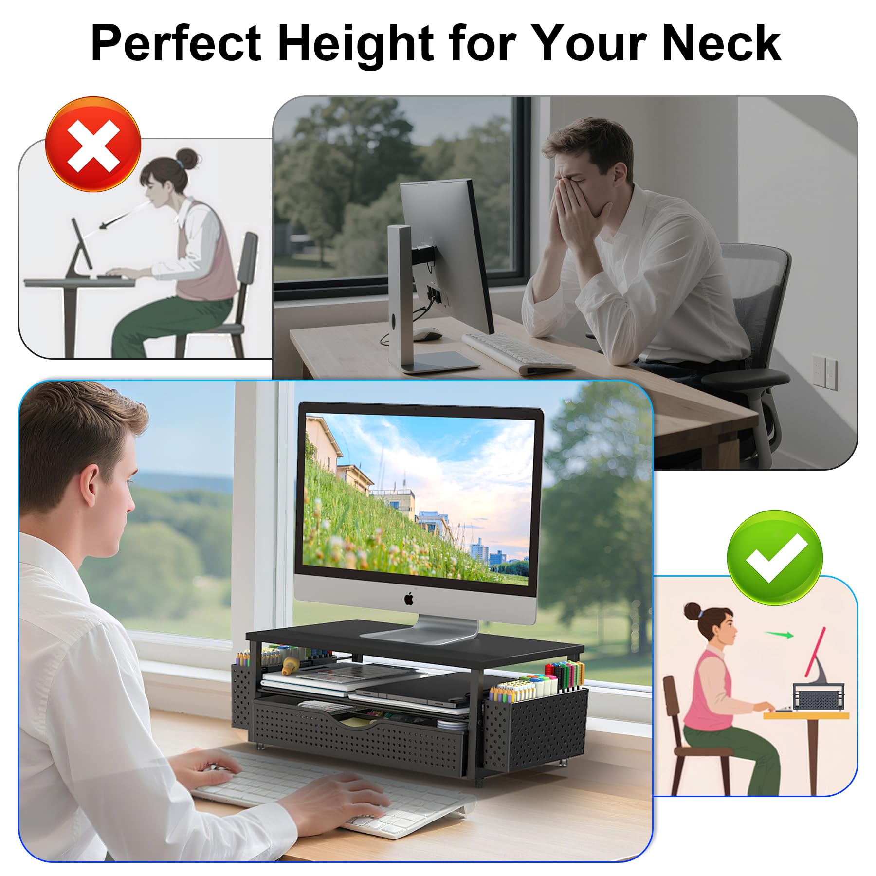 Organizador de escritorio y accesorios, soporte elevador para monitor de computadora con cajón y 2 soportes para bolígrafos, accesorios de escritorio de oficina y organizadores de espacio de trabajo 3