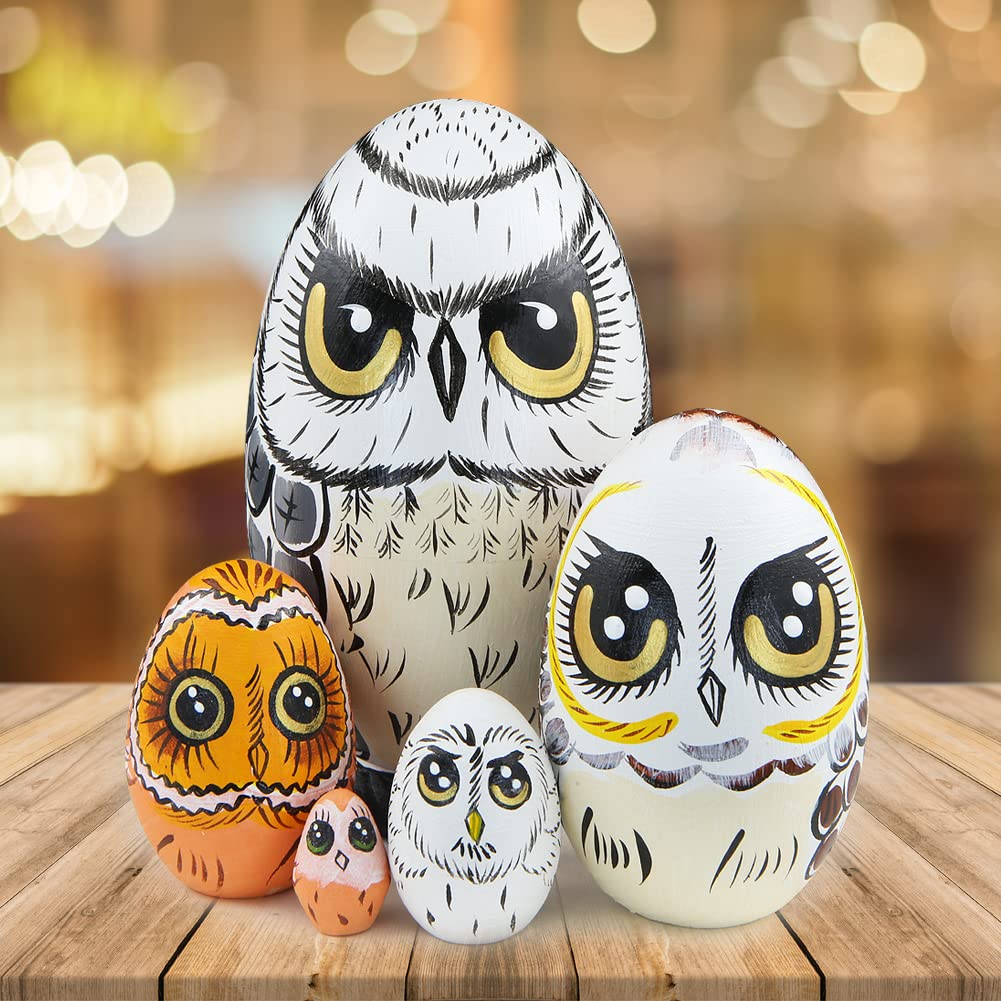 Lot de 5 poupées gigognes Russes en Bois sur Le thème des Animaux de Hibou, poupée matriochka Faite à la Main en Forme d'œuf poupée empilable en Bois pour Anniversaire d'enfant, Noël, Nouvel an