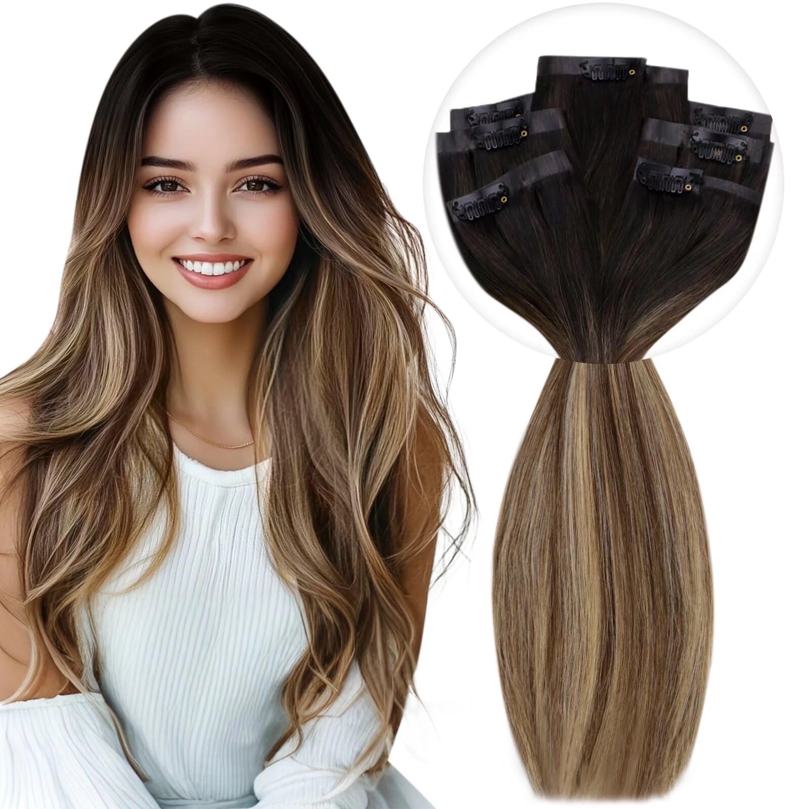 Vivien Brown Clip in Hair Extensions Darkest Brown to Light Brown Balayage Hair Extensions for Women Clip in Hair Extensions Human Hair 22 Inch 120g 7pcs #2/8/2 — view 29