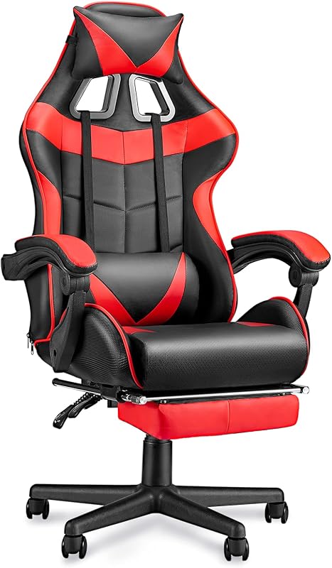 Huracan Gaming Chair with Footrest, Ergonomic Computer Chair Lumbar Support, Adjustable High Back Recliner for Adults, Racing Style Video Gaming Chairs, for Home Office Streaming, Red