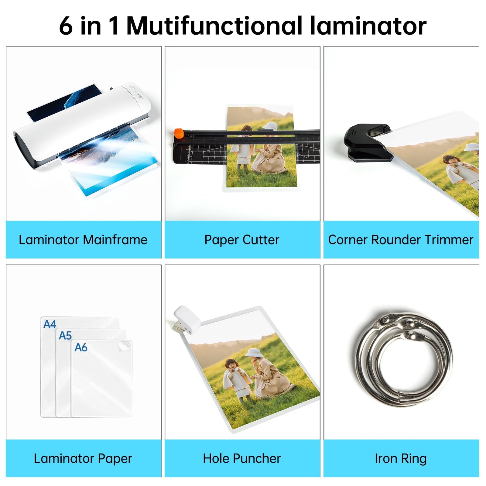 Laminatrice A4, plastificatrice termica da 22,9 cm con 6 sacchetti, uso a freddo e a caldo, con anello perforatore integrato, per ufficio e scuola
