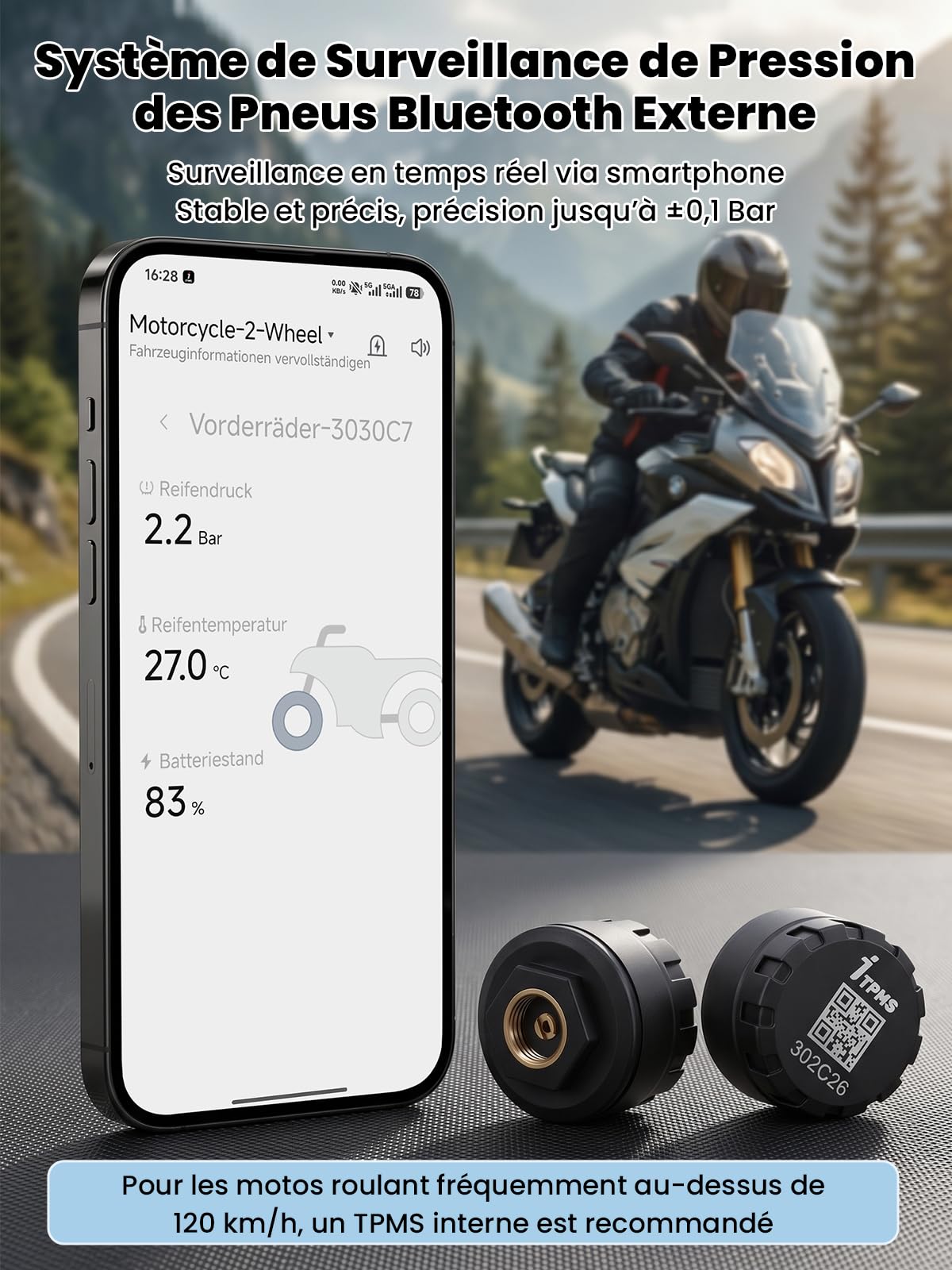 Système de Surveillance de la Pression des Pneus TPMS Capteurs de Pression des Pneus sans Fil pour Moto et Voiture avec Application Fonction D'alarme de Température de (4PCS)