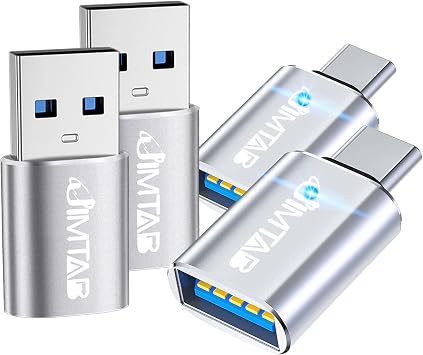 JIMTAB USB to USB C Converters Aluminum Alloy 4 Pack, USB C to USB Chargers Adapter USB 3.0 with Blue Light Super High-Speed Data Transfer & Fast Charging for PC/Tablet/iPad/Laptop/MacBook