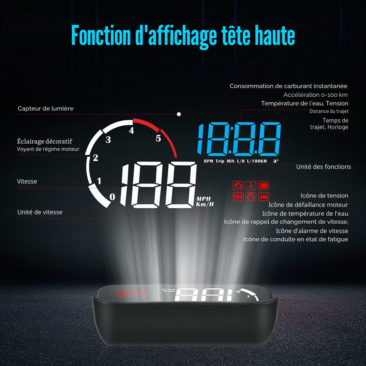 Affichage HUD de voiture, compteur de vitesse numérique de projecteur d'affichage tête haute de voiture avec écran d'affichage HD de 5,5 pouces
