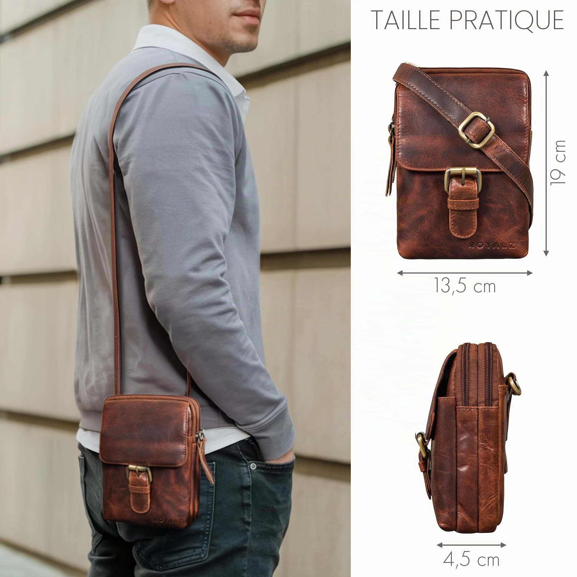 ROYALZ "Dalton Sac bandoulière homme cuir véritable | Sacoche vintage 3-en-1 : petite sacoche à bandoulière, sac téléphone et sac ceinture, compact et élégant