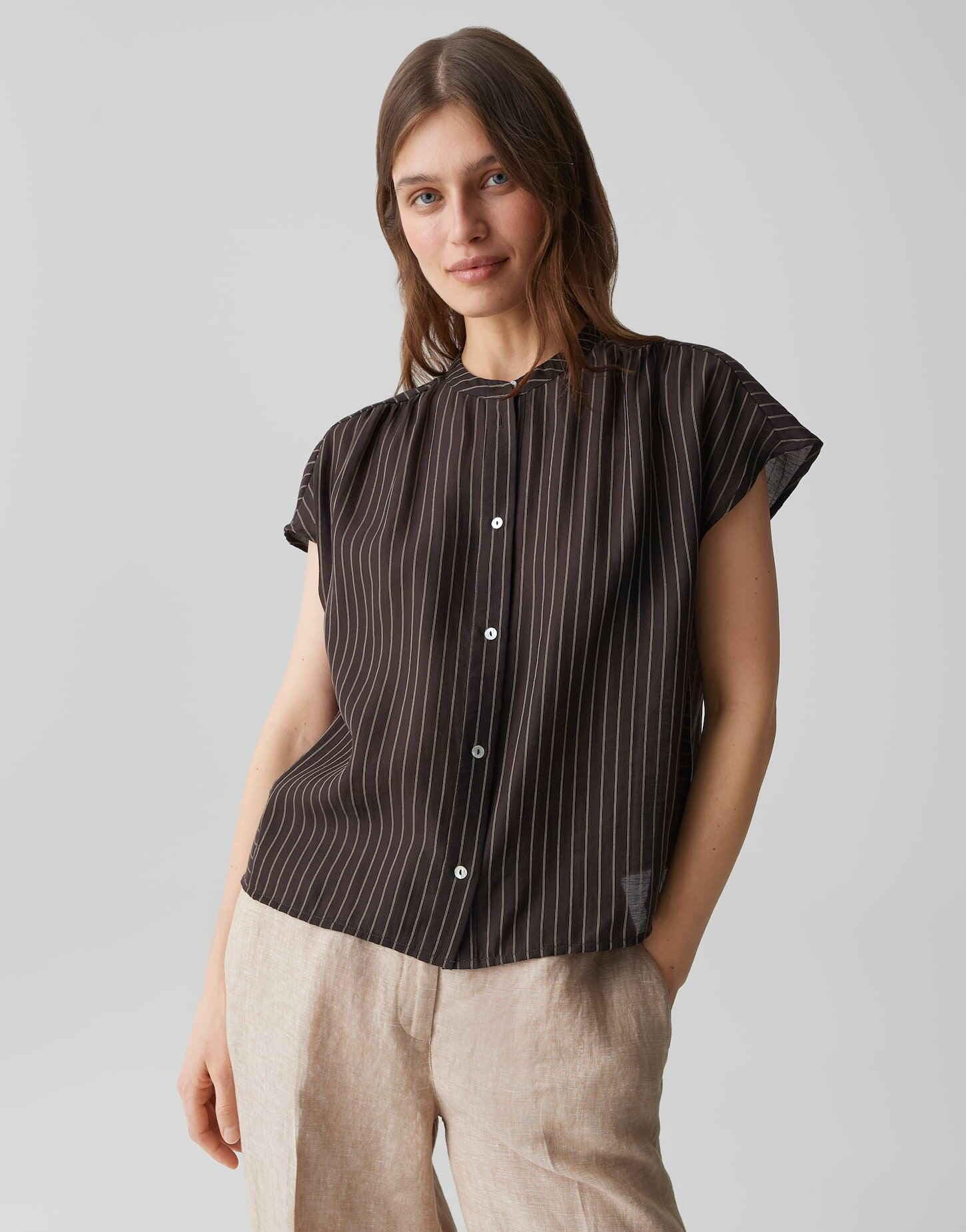 OPUS Damen Kurzarmbluse | Leichte Streifenbluse aus Lyocell Mix Regular Fit