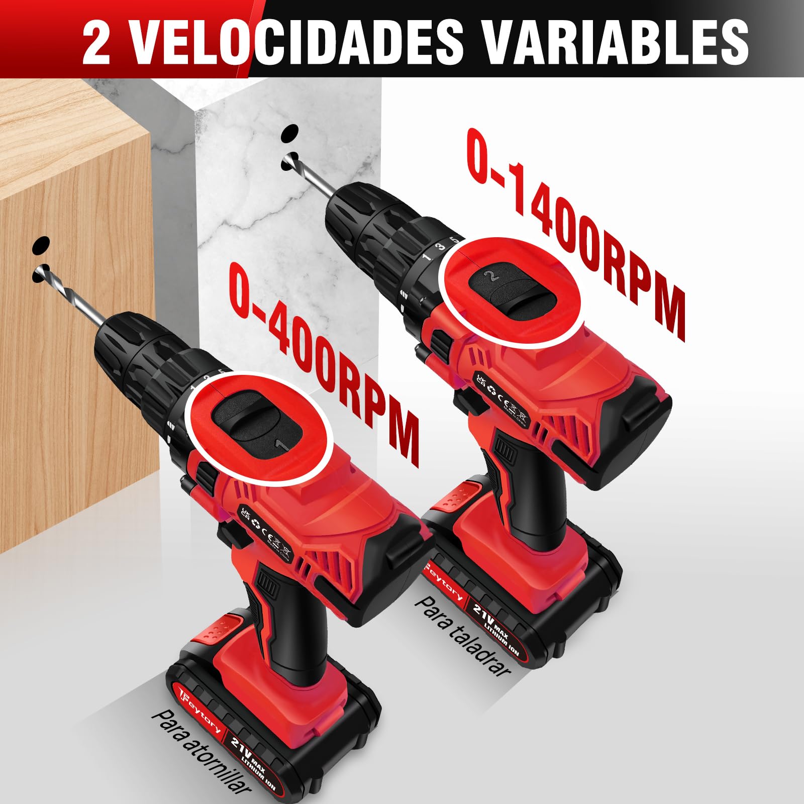 Taladro Atornillador 21V, 45N.m Atornillador Eléctrico, Taladro Combinado Inalámbrico con 25+1 de par de apriete, 2 x 1.5 Ah Batería, 29PCS Accesorios, 2 Velocidades, Luz LED,Cargador Rápido