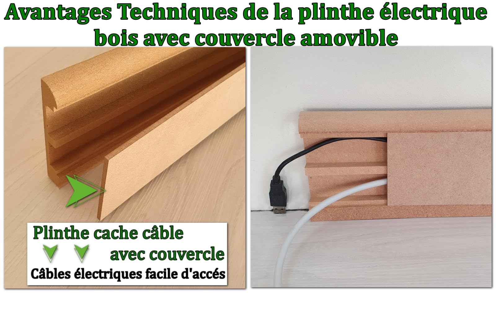 MadeInNature Plinthe électrique bois à peindre, Plinthe Bois MDF Naturel robuste, Plinthe passe câbles facile à poser, hauteur 10.8 cm, Fabrication Française longueur au choix (Naturel, 12 mètres)