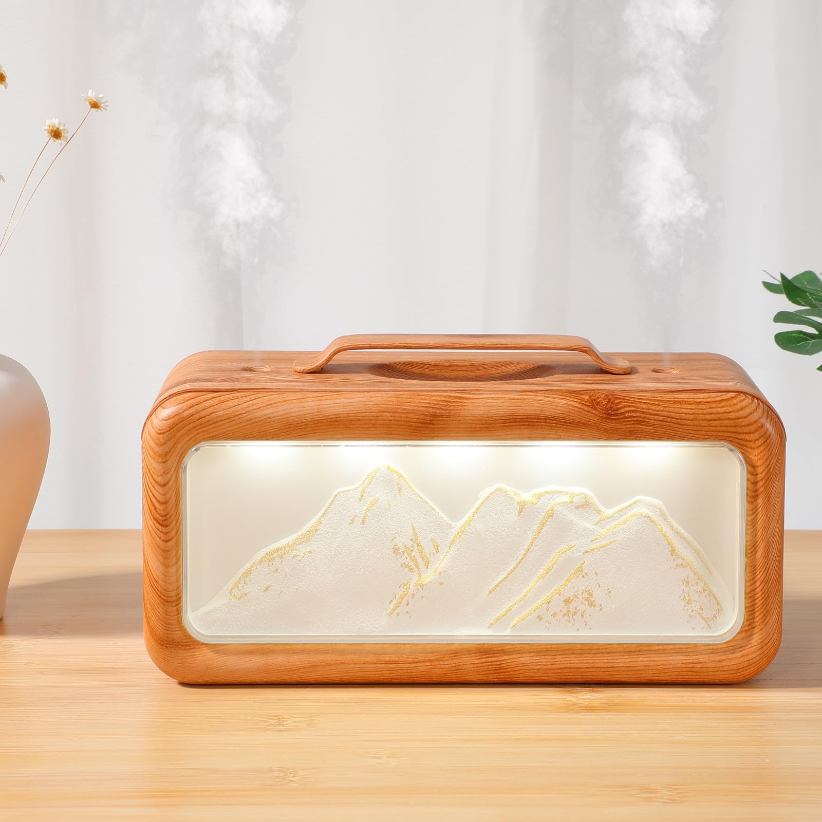 Humidificador Portátil para Dormitorio Diseño de Vetas de Madera y Escena de Montaña, Capacidad de 600 Ml, Decorativo y Silencioso para Uso Personal