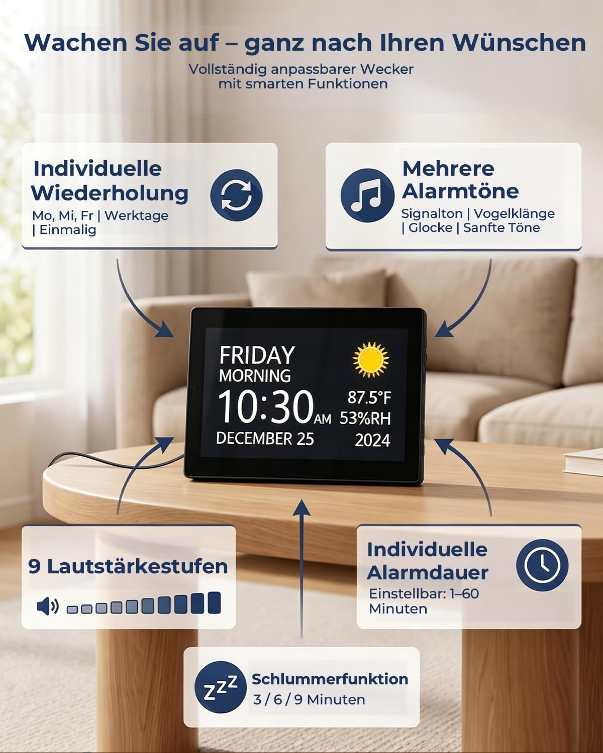 ROCAM 10,1" Demenz Uhr für Senioren, Digitaler Wecker mit Kalender | 20 Alarmen und Erinnerungen, Großes IPS Display, Datum, Wochentag, Temperatur, Luftfeuchtigkeit, Foto-Diashow über USB/SD