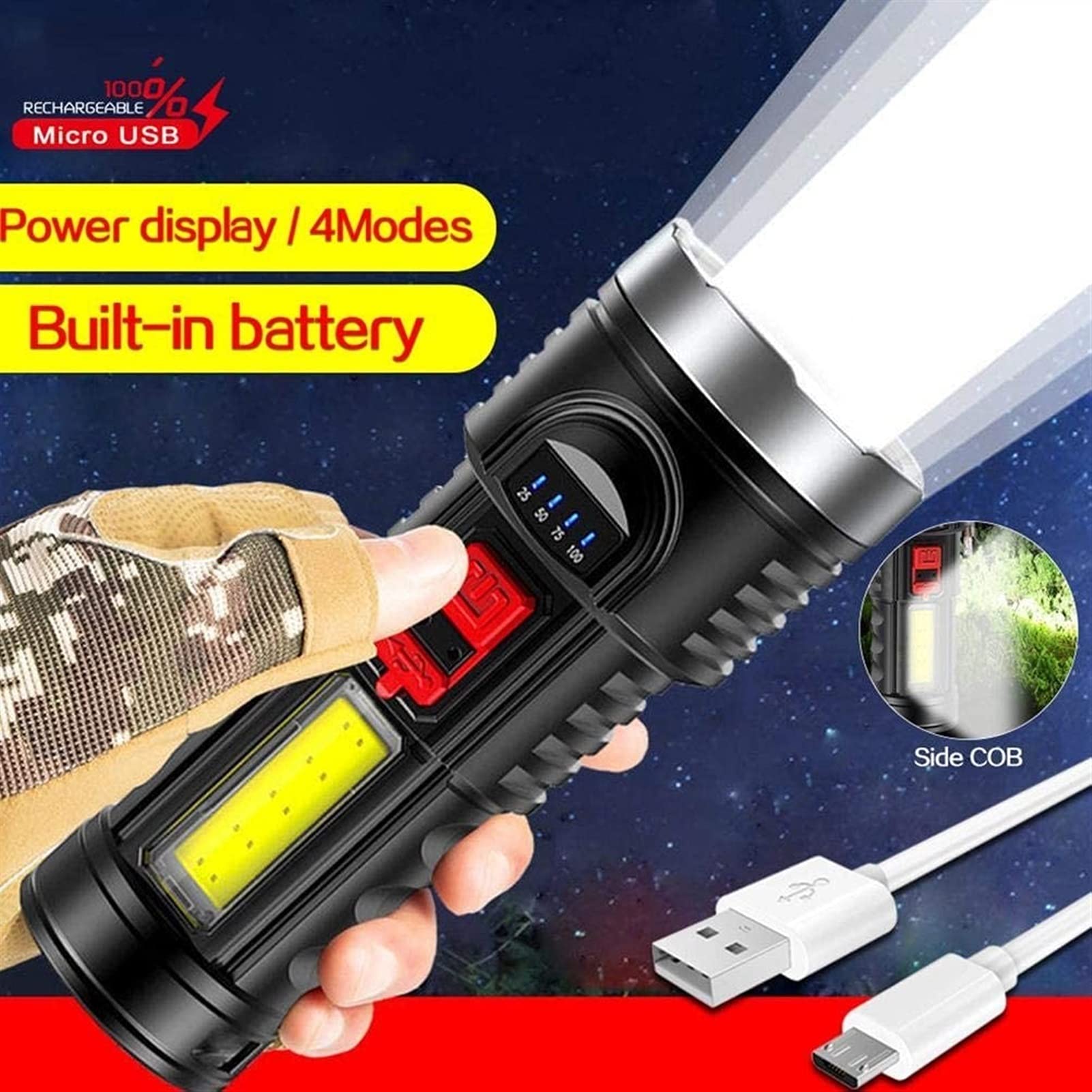 Linterna Recargable, Linterna Profesional de 1500 lúmenes Altos, batería de 1500 mAh incluida, for Senderismo, Camping y Caza
