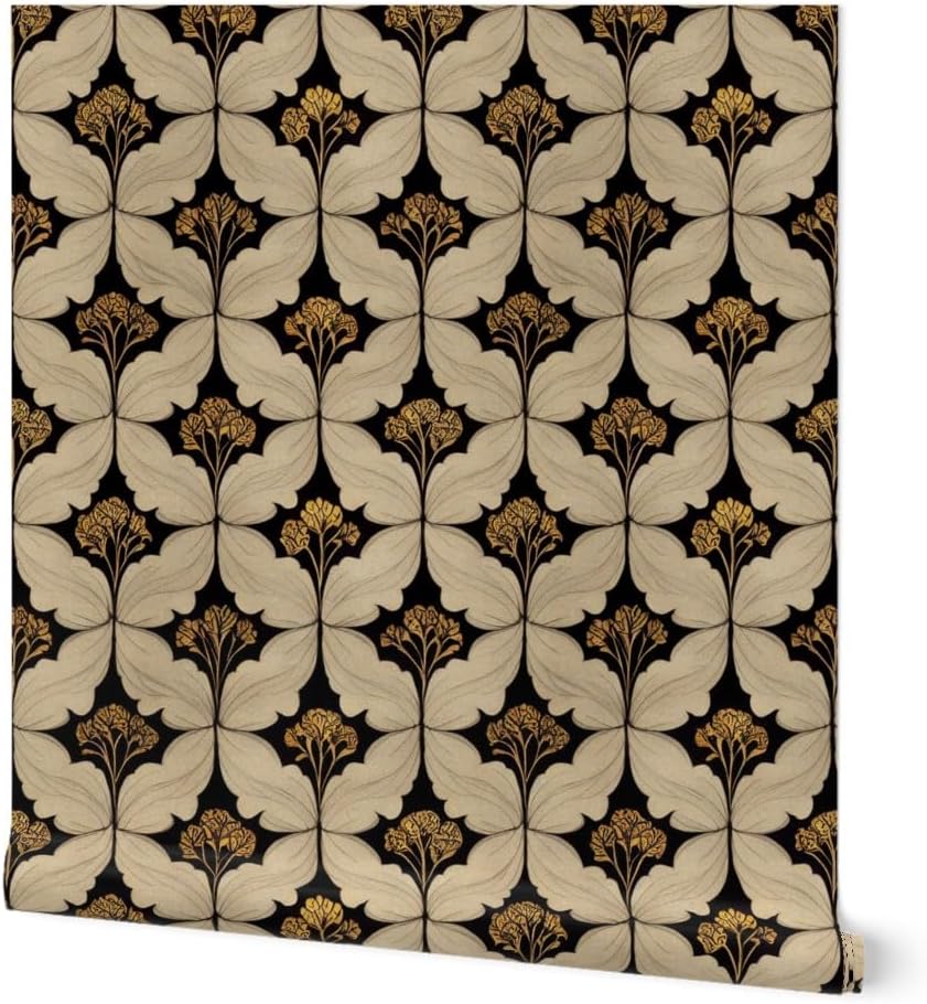 Peel & Stick Wallpaper 6ft x 2ft - Victorian Flowers Art Nouveau Moody Botanical Art Deco William Morris Inspired Leaves Black Beige Custom Removable Wallpaper by Spoonflower