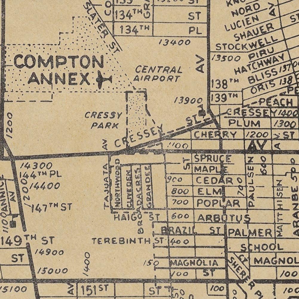 Antiguos Maps Illustrated Streets of Compton, Los Angeles, California circa 1946 | Includes Lynwood, Long Beach, LA County | Art Print Poster Vintage Wall Decor | 24 x 24 inches (610 x 610 mm)