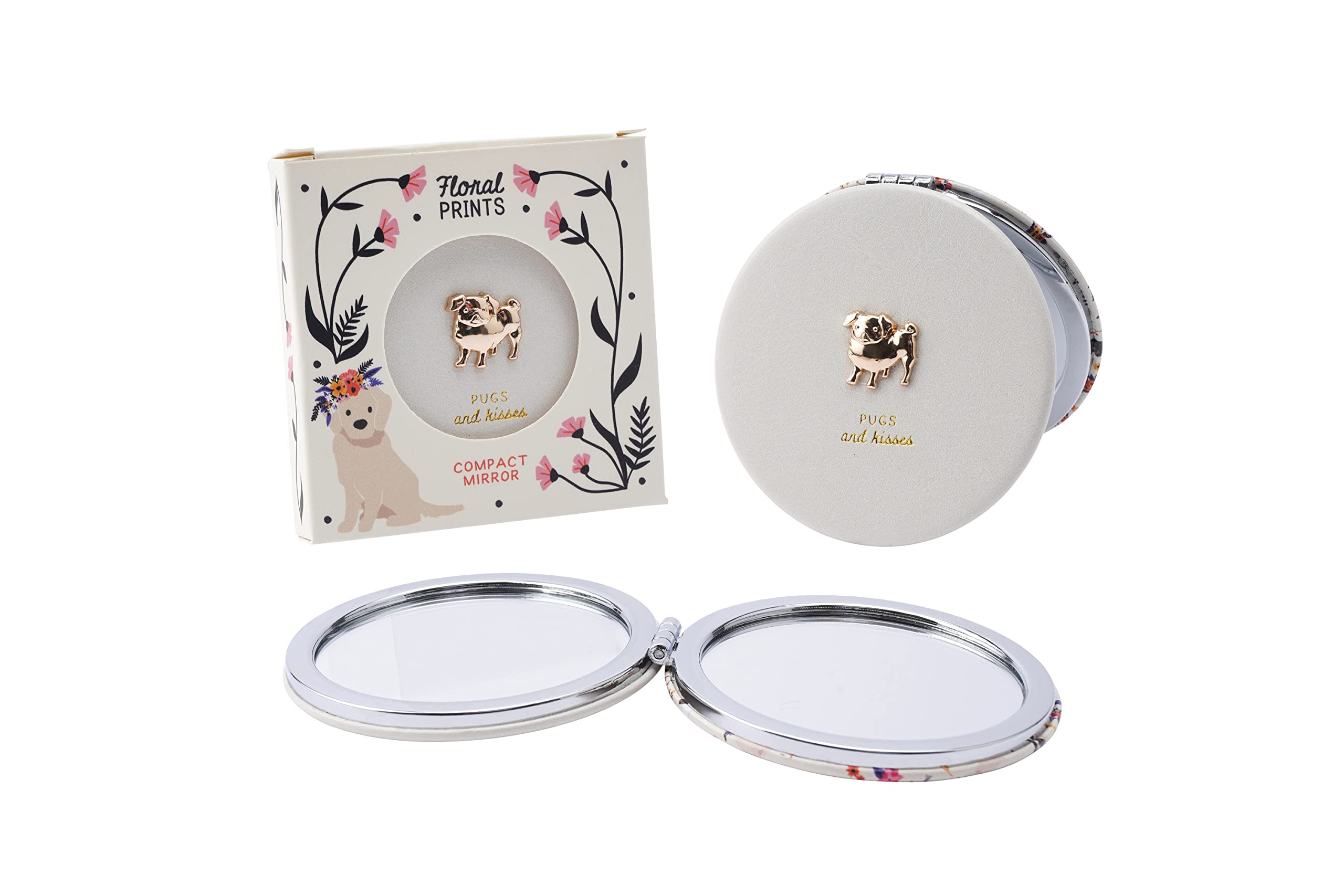 Cgb Giftware Women's Cream Pug Compact Mirror | ‘Pugs And Kisses’ Gold | Double Mirrored With 2 Magnifications | With Gift Box | Travel Handy Handbag Beauty Accessory | Girls Gift Gb06062