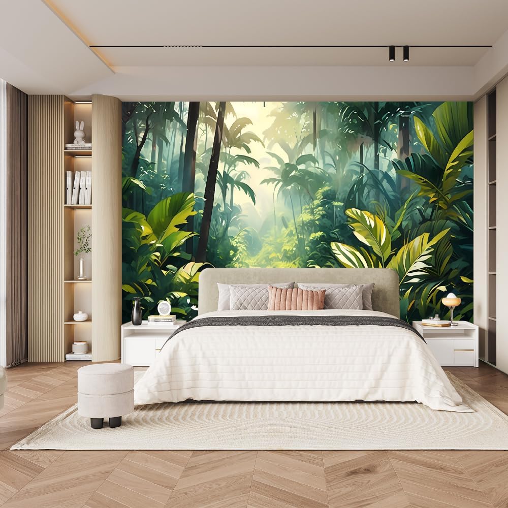 Misty Woodland Peel and Stick Wallpaper, Tropical Plants Removable Self Adhesive Wall Mural, Wall Stickers and Murals Decor for Girls Bedroom Bathroom Wall(122"H x 154"W)