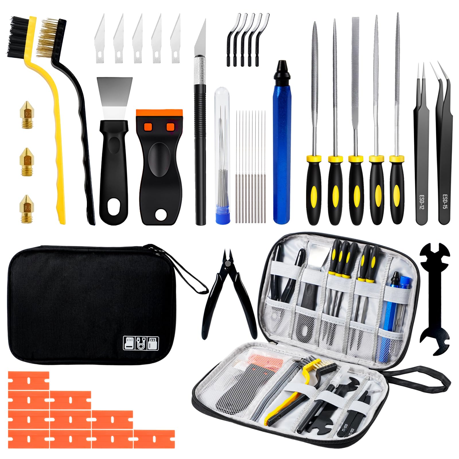 Photo 1 of 51Pcs 3D Printer Tools Kit,3D Printer Accessories for All FDM/SLA Printers Includes Nozzle Cleaning Tools,deburring Tool,Removal Scrapers,Files,Brushes,Knife,Complete Starter Kit with Storage Case