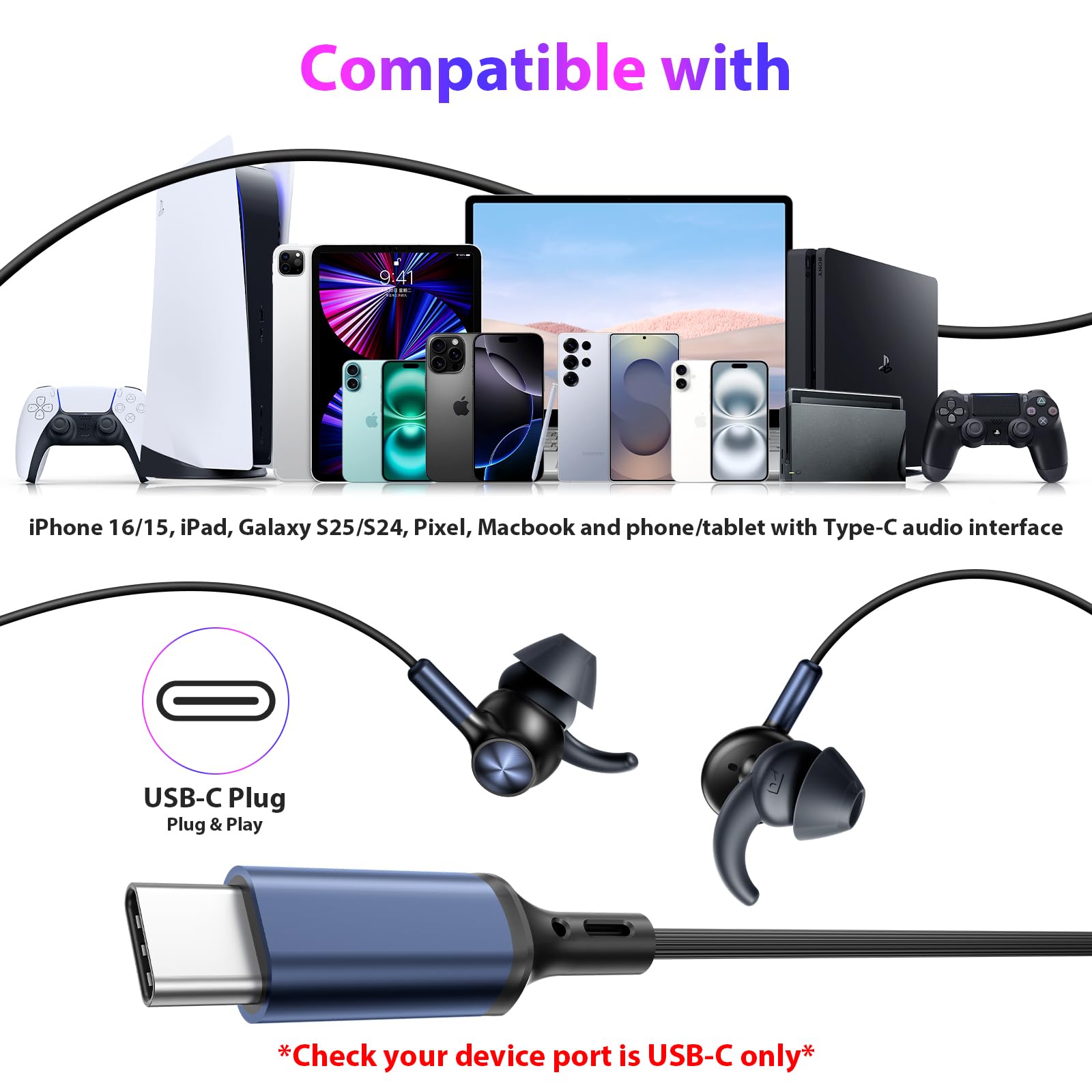 APETOO Auricolari con cavo USB-C con alette anti-allarme/ferite, per iPhone 16 15/iPad/Samsung/Android, microfono e controllo del volume, bassi stereo puri, cancellazione del rumore, auricolari in-ear