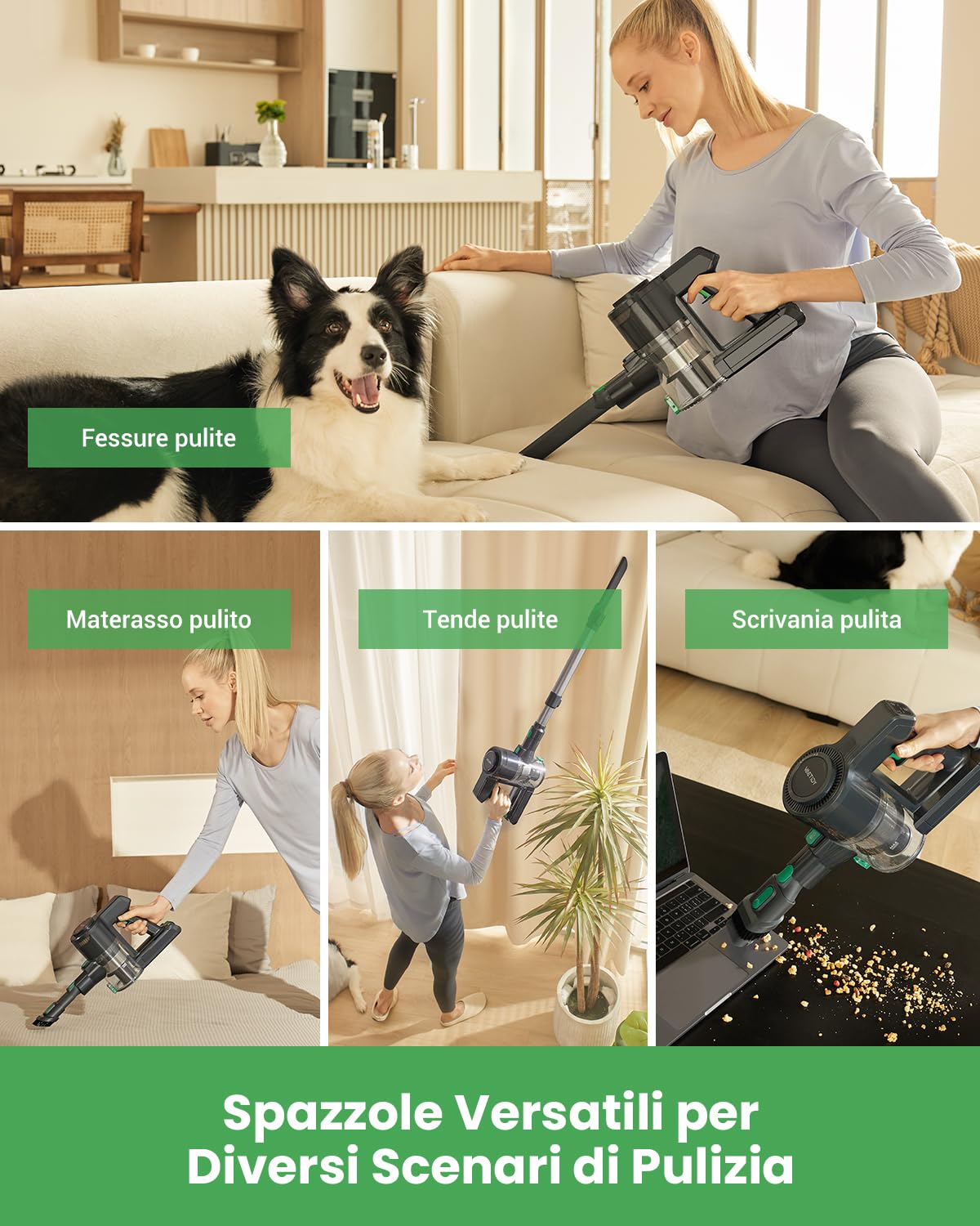 Vactidy V9 Aspirapolvere Senza Fili, 30KPa Scopa Elettrica Senza Fili, 250W Motore Brushless con Batteria Rimovibile, 45 Minuti Autonomia per Peli Animali/Tappeti/Pavimenti