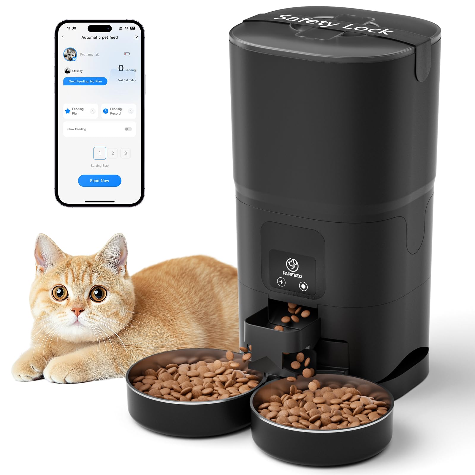 PAPIFEED Automatic Cat Feeder for 2 Cats, 2.4G WiFi Cat Food Dispenser with App Control, 7L Slow Feed Pet Feeder with 2 Stainless Bowls for Cats & Dogs, 12 Portions 10 Meals Daily - Black