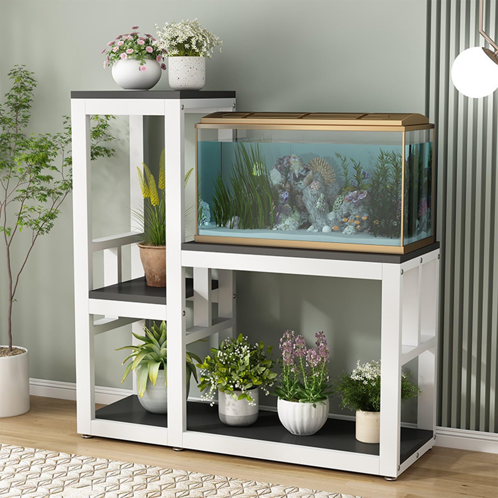 Soporte de pecera de metal de varios niveles para organizar acuarios y libros en casa