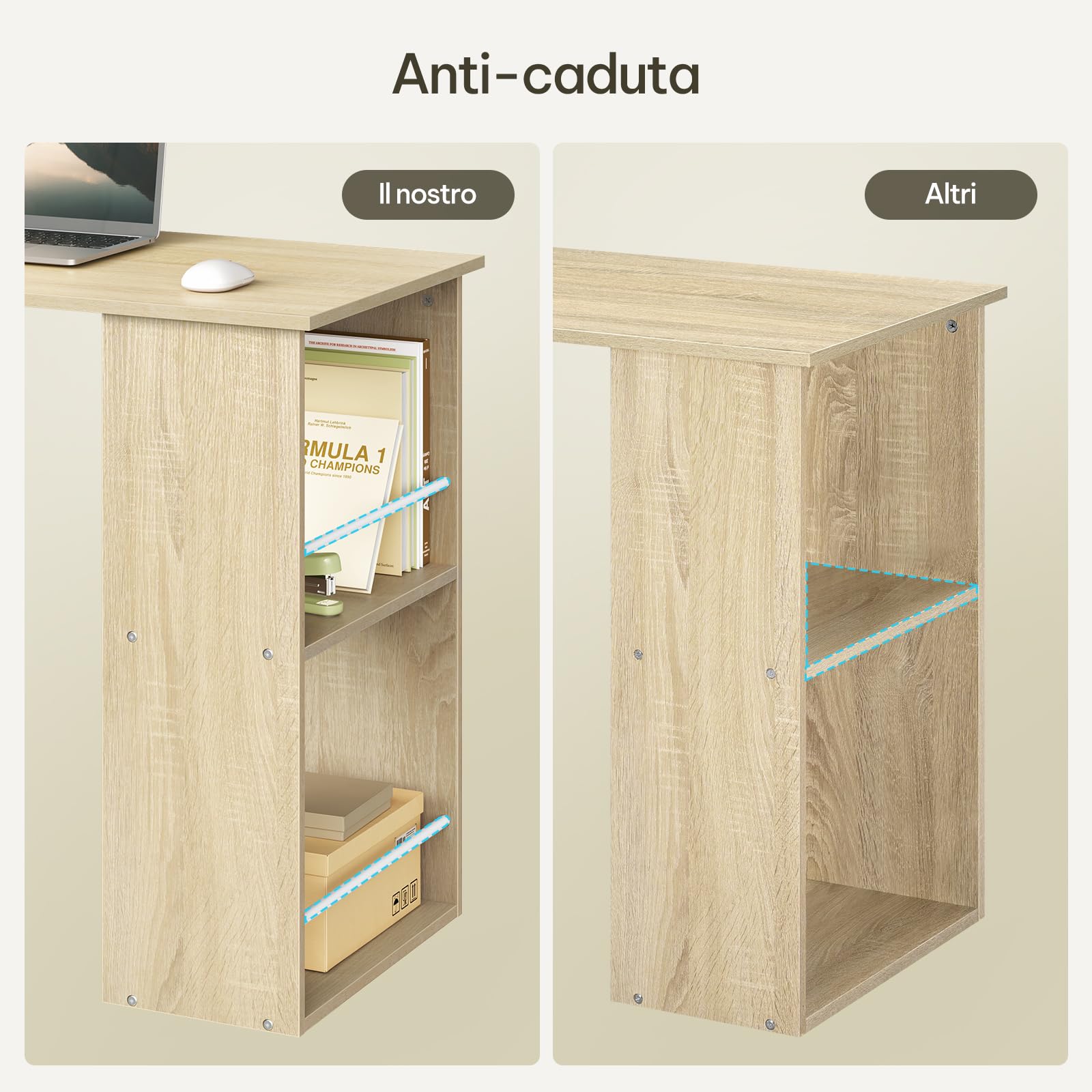 eSituro Scrivania Ufficio Compatta con Libreria Integrata - Design Salvaspazio per Studio/Camera, 120x55x122 cm, Bianco Lucido e Rovere Naturale