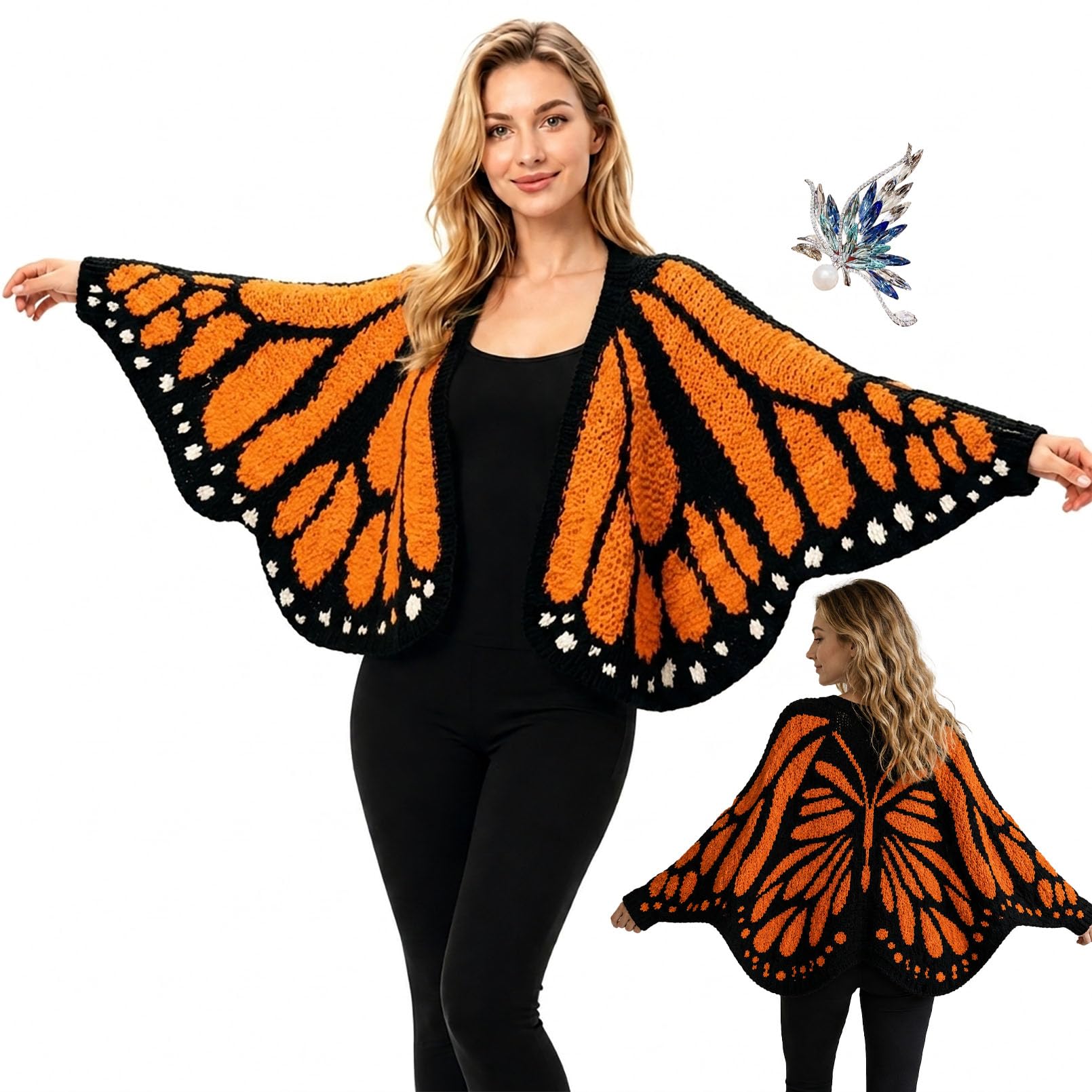 Tencipeda Women's Black & Orange Monarch Butterfly Knit Cardigan, Butterfly Wing Cloak Shawl, Irregular Cardigan Sweater (Black & Orange)