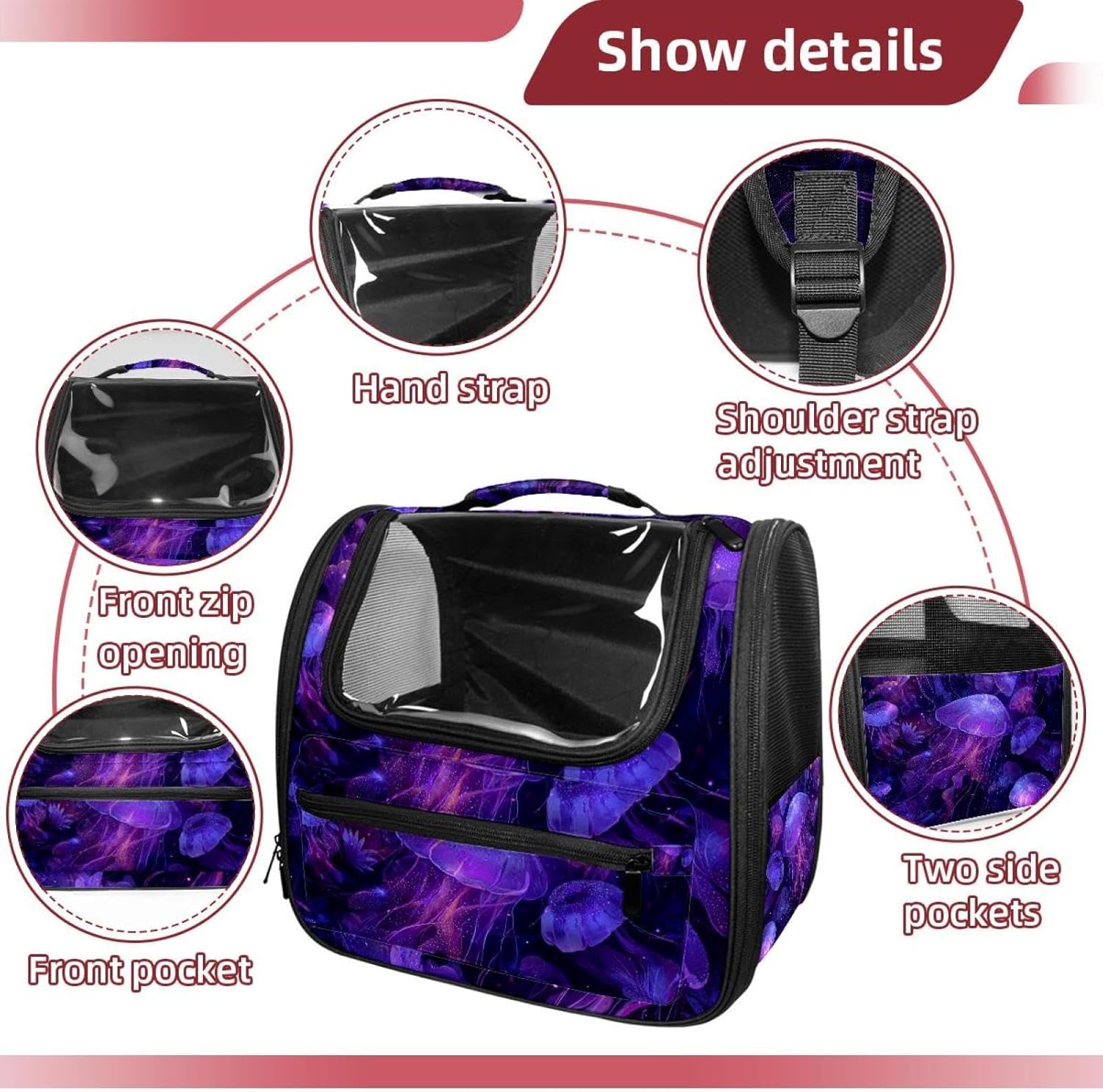 Portable Travel pet Backpack Carrier Hamster Bag Small Dog cat Carrier Breathable Hang Bag, Purple Jellyfish