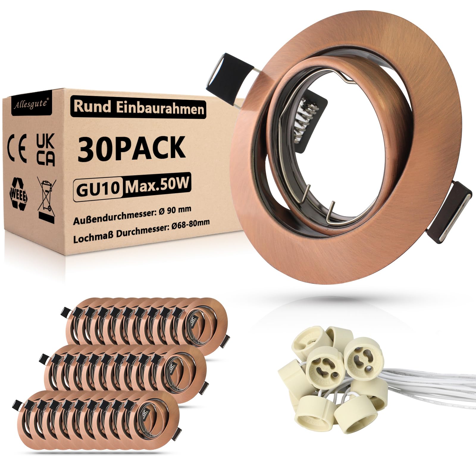 Allesgute 30er Led Einbaustrahler 230V GU10 Set Einbaurahmen Rund 68mm Spots 30° Schwenkbar Einbauleuchten Kupfer Deckenspots Rahmen inkl. GU10 Fassung für LED oder Halogen