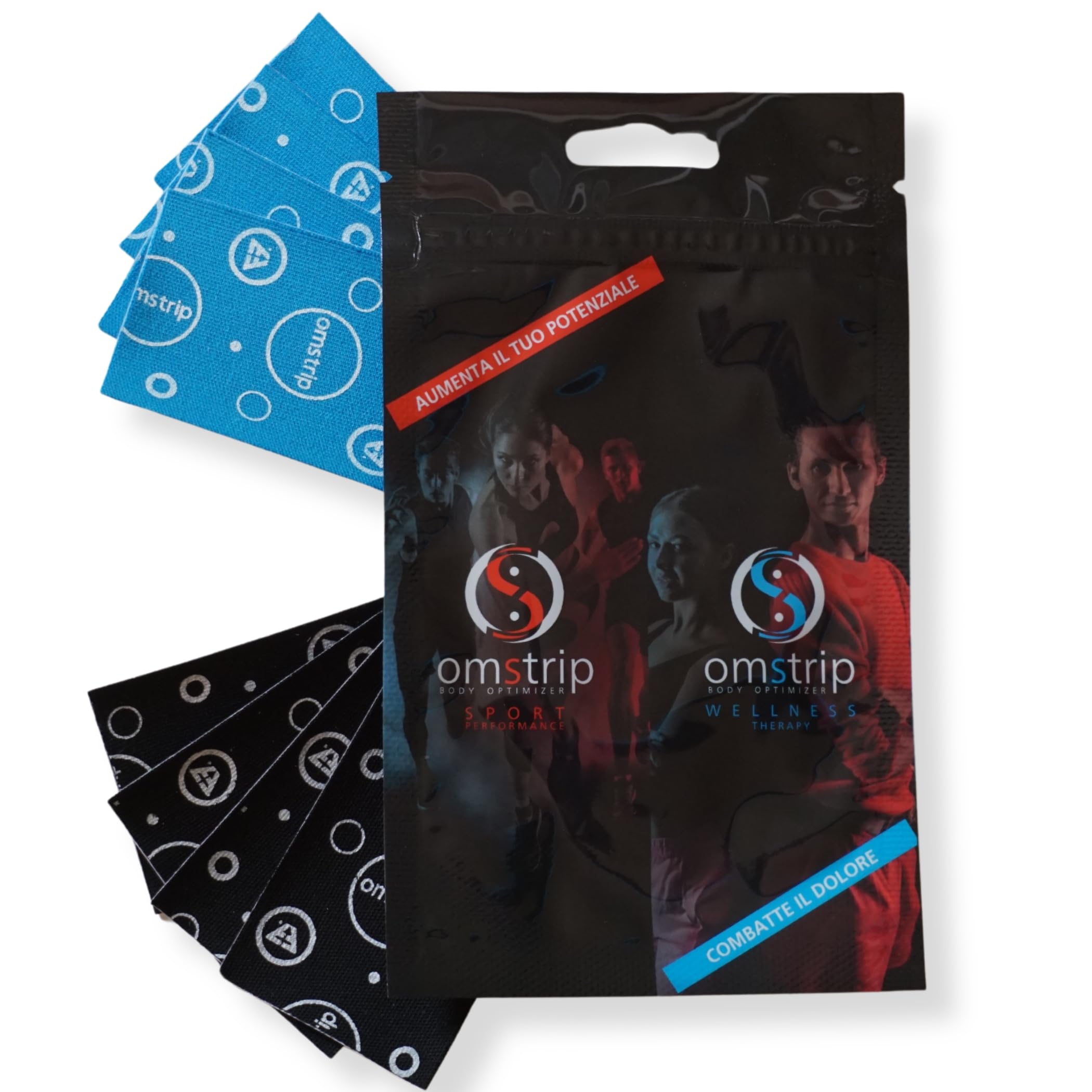 Omstrip Mix Cerotti (8 Pezzi: 4 Sport + 4 Wellness), Supporto Drug-Free di 72 Ore per Performance, Recupero Muscolare e Sollievo da Dolori Muscolari, Cerotto Kinesiologico con FIR e Tecnologia F7