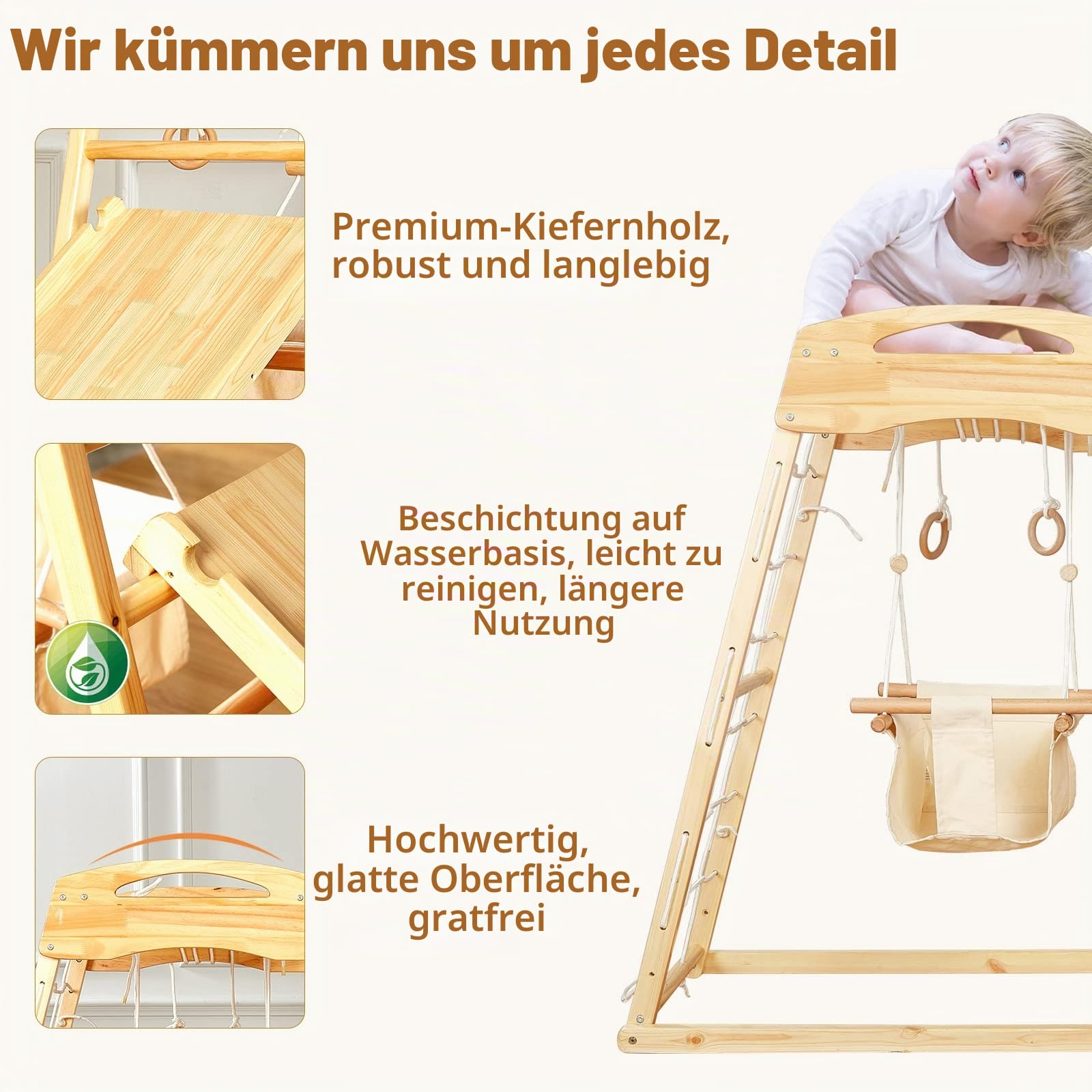 FUNLIO 7-in-1 Holz Klettergerüst Indoor für Kinder von 2-5 Jahren, Montessori Kletterdreieck aus massivem Kiefernholz, Schaukel/Rutsche/Kletterfelsen/Netz/Leiter/Affenstangen/Gymnastikringen