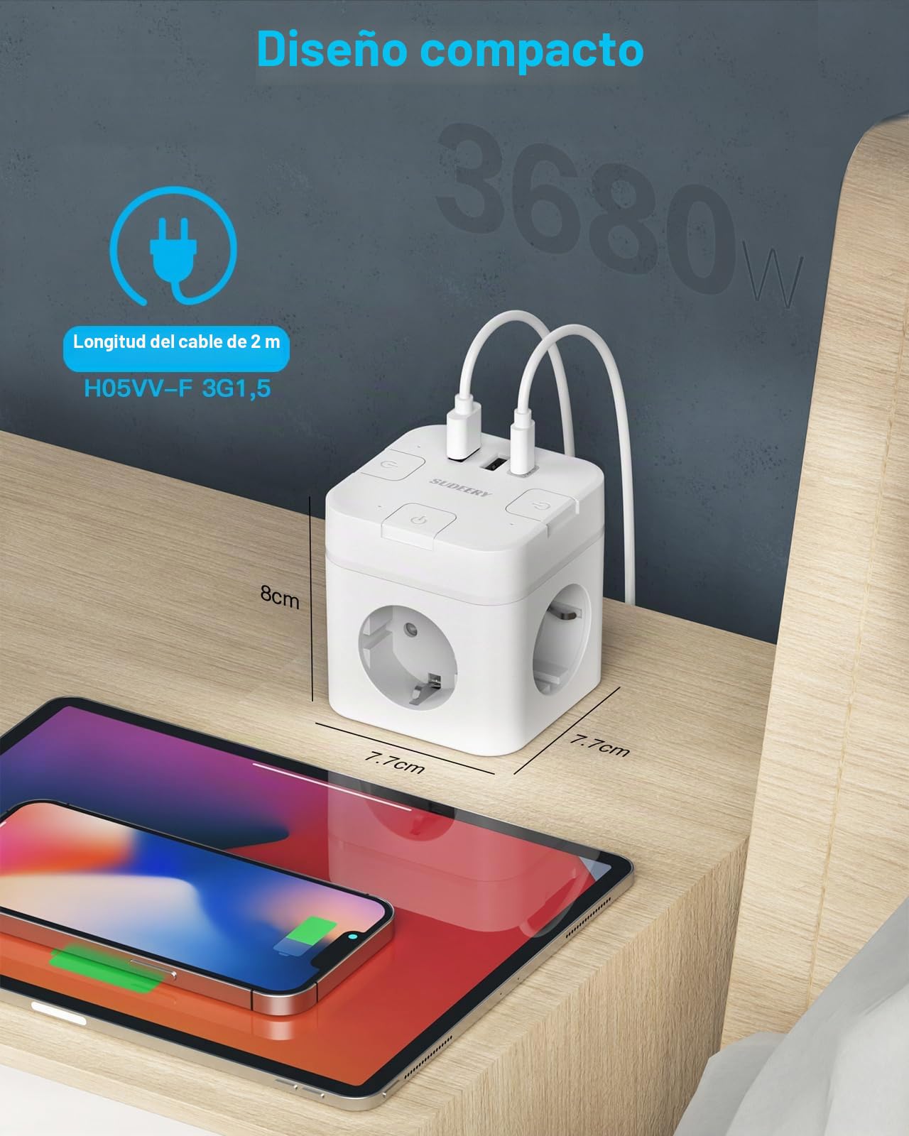 SUDEERY Enchufe 6 en 1 cubo con USB C,regleta de 3 enchufes,enchufe plano con conmutable individual,enchufe múltiple con cable de 2m,1 conector múltiple tipo C USB para oficina, casa, viajes (blanco)