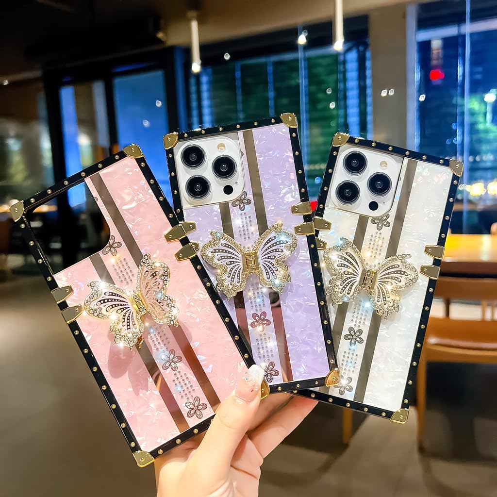 Cute Compatible with iPhone 15 Plus Case, Luxury Bling Butterfly Design with Foldable Stand Kickstand for Women & Girls, Flexible Shockproof Protective Case 6.7” (Pink) - Image 6