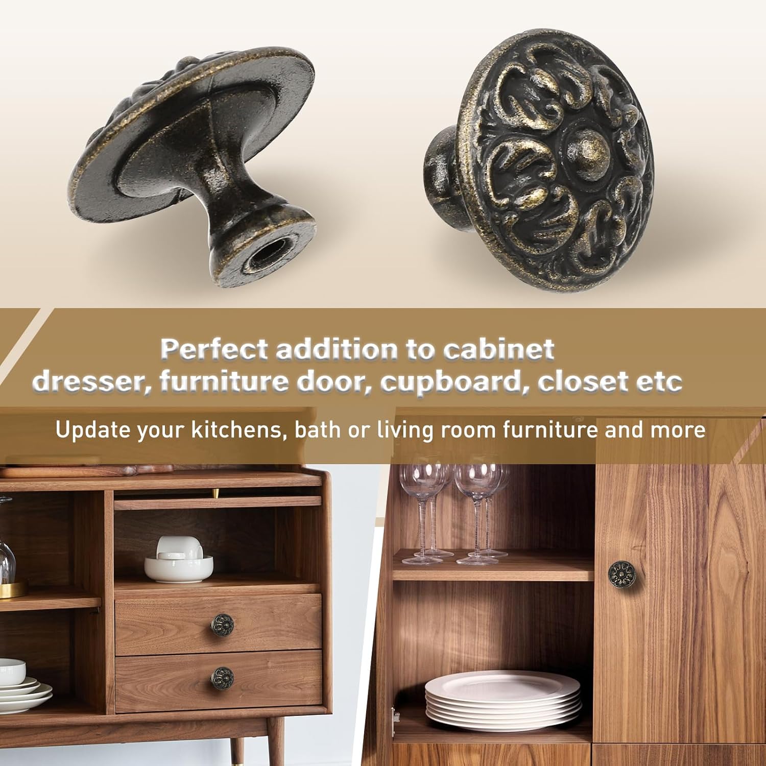 10x Euro Style Antique Brass Kitchen Cabinet Knobs Pull - Vintage Drawer and Dresser Round Handles - Antique Bronzed Floral for Rustic Touch for Cupboard Dresser Wardrobe