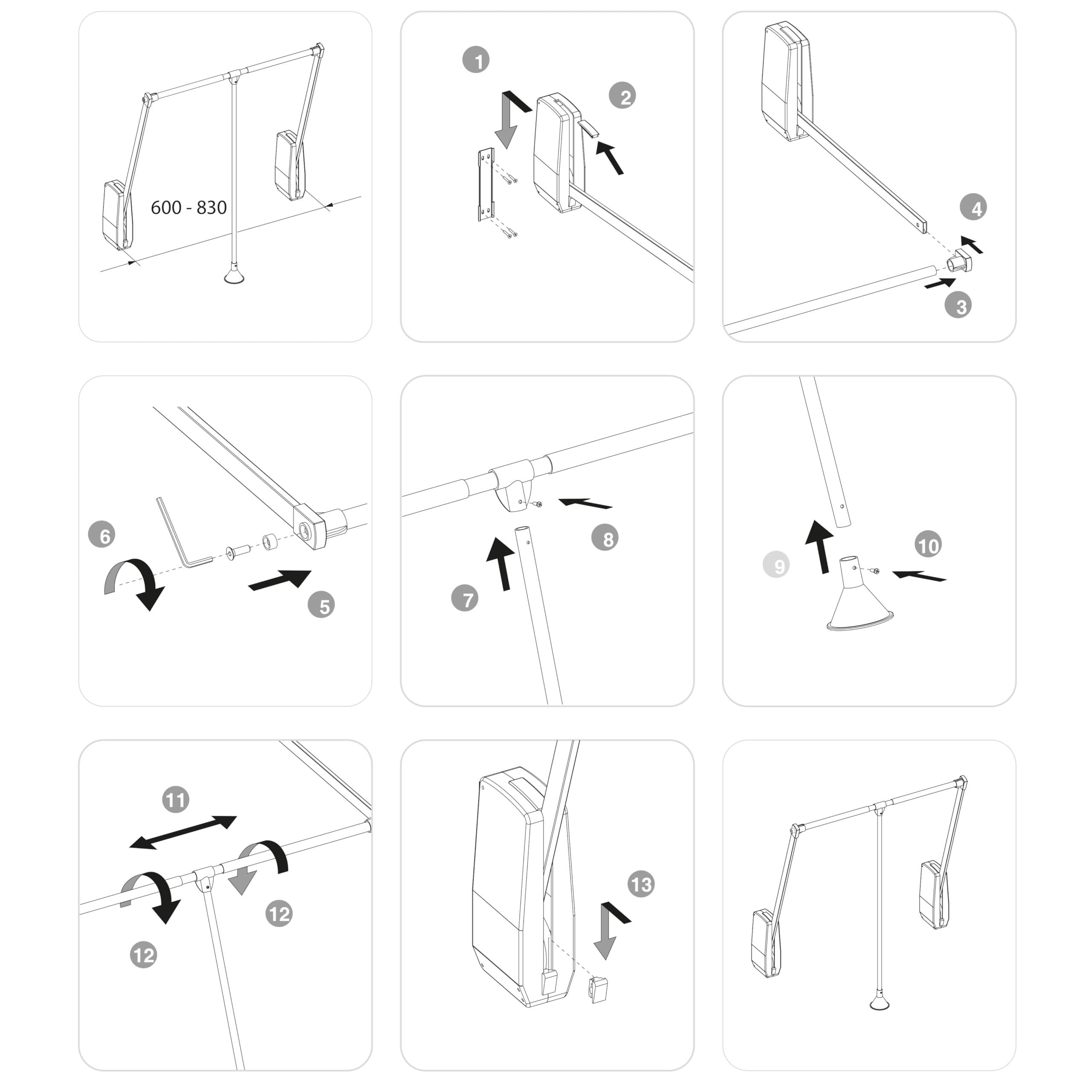 Emuca - Penderie rabattable pour armoire Hang mural, Barre de penderie escamotable, tringle relevable, largeur réglable 600-830mmmm, Noir, Acier et Plastique, 1 u