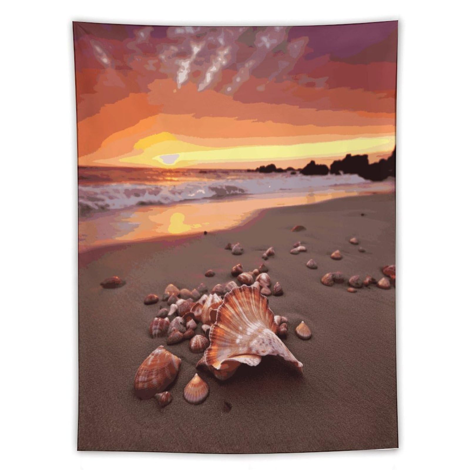 MUSM Shell Beach Sunset Tapestry with Installation Kit Personalized Wall Tapestry Aesthetic Tapestries Backdrop Banner Wall Art Hanging Decor for Home Picnic Beach Blanket 60"x80"