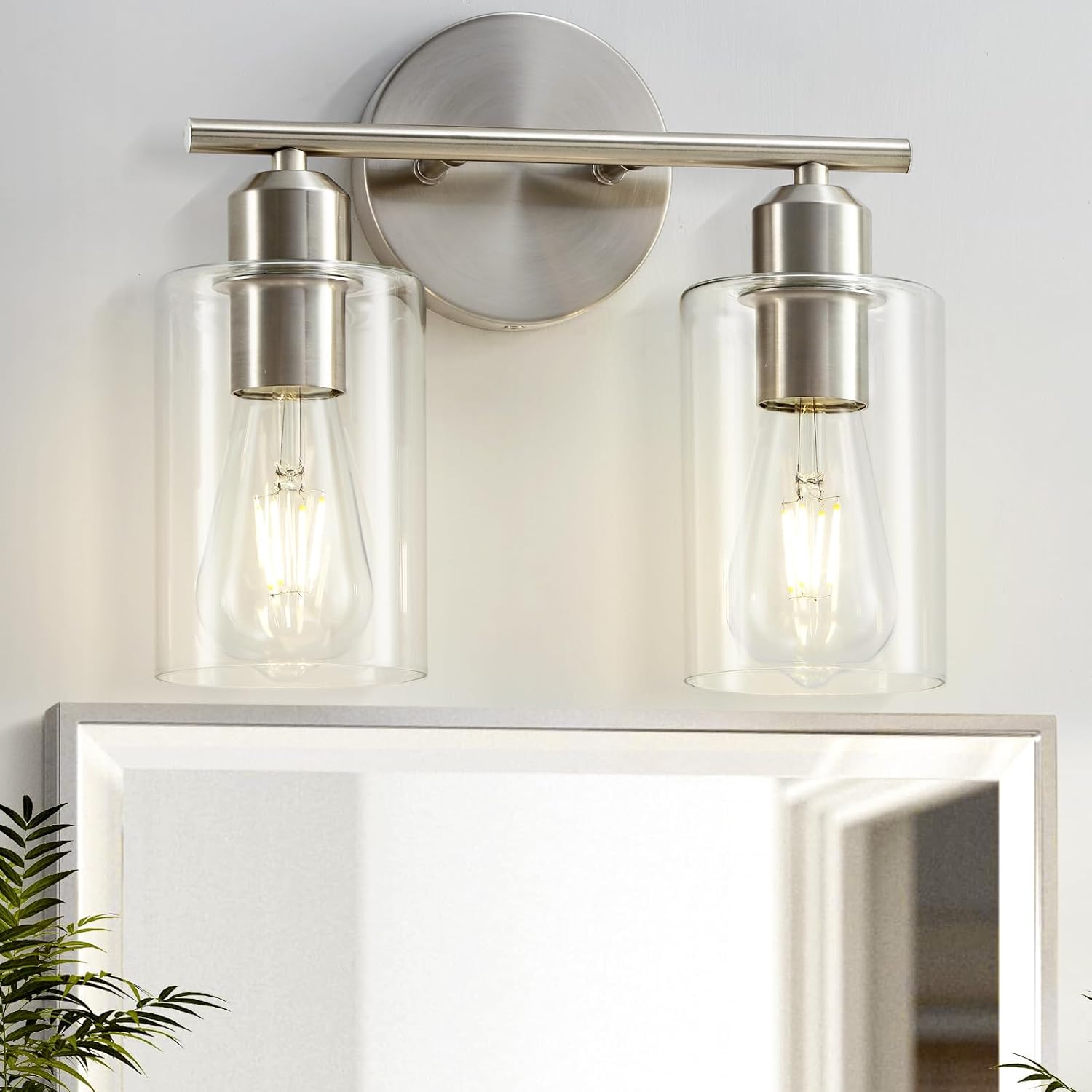 Brushed Nickel 2-Light Vanity Fixture with Clear Glass Shades